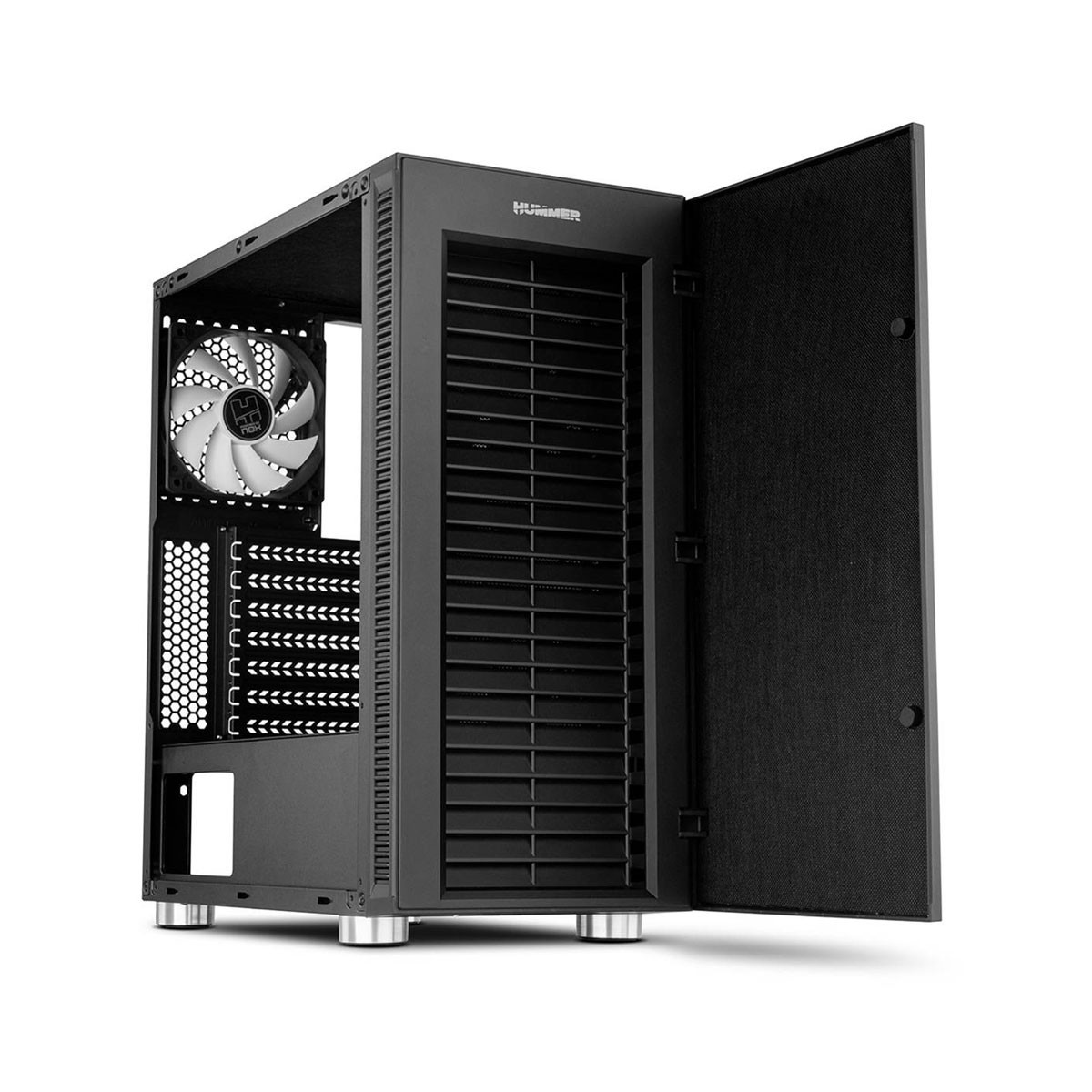 Czarna obudowa komputera, otwarta strona, z wentylatorem i szczegółami wnętrza.