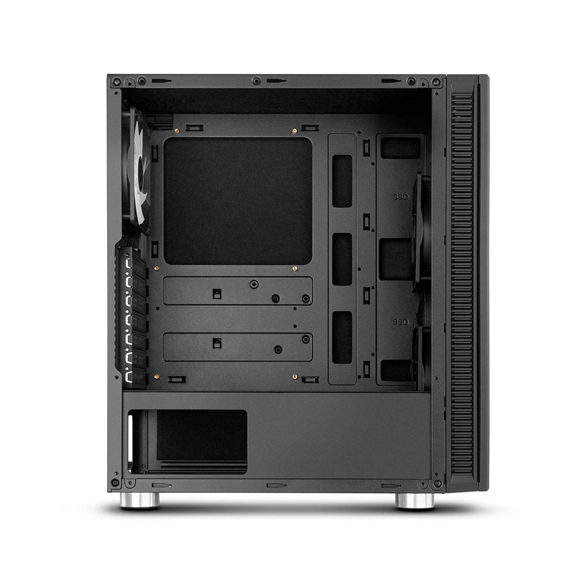 Pusta obudowa komputera. Czarne wnętrze, różne punkty montażowe. Białe tło.