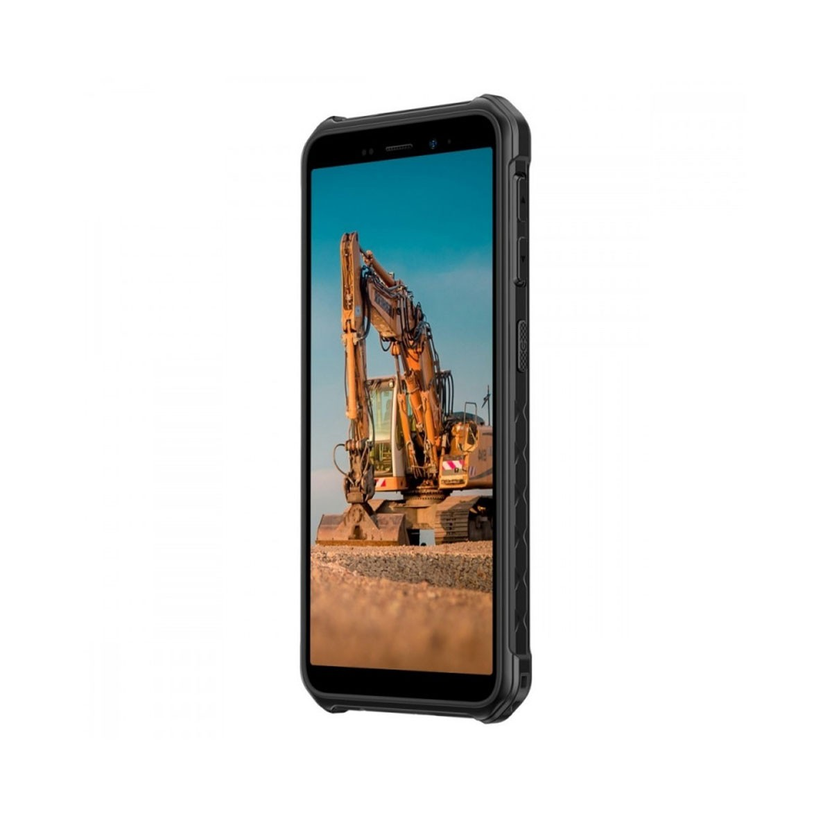 Een smartphone in een zwarte beschermhoes, met een graafmachine op het scherm.