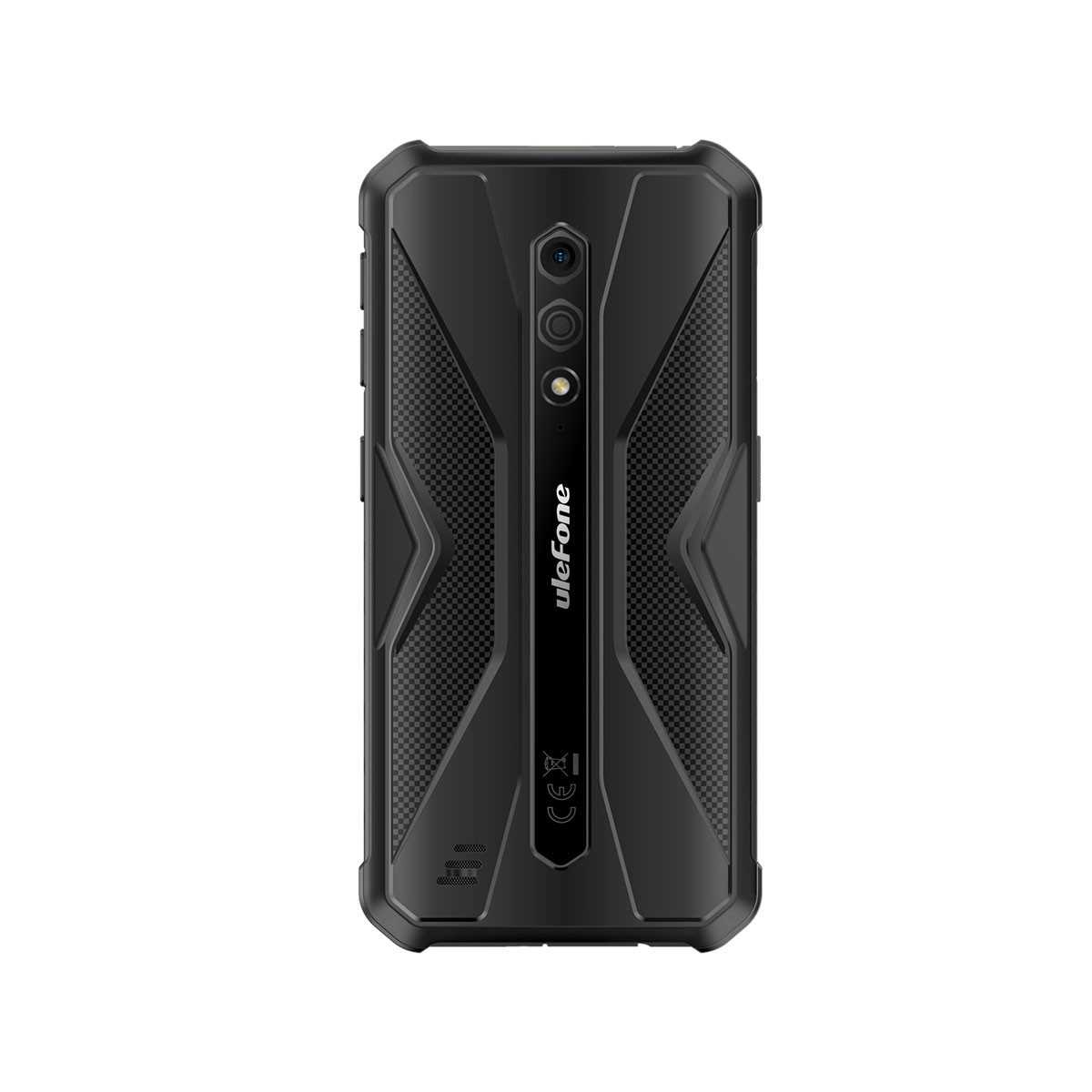 Zwarte Ulefone-telefoon. Achterkant is robuust met drie camera's en Ulefone-logo.