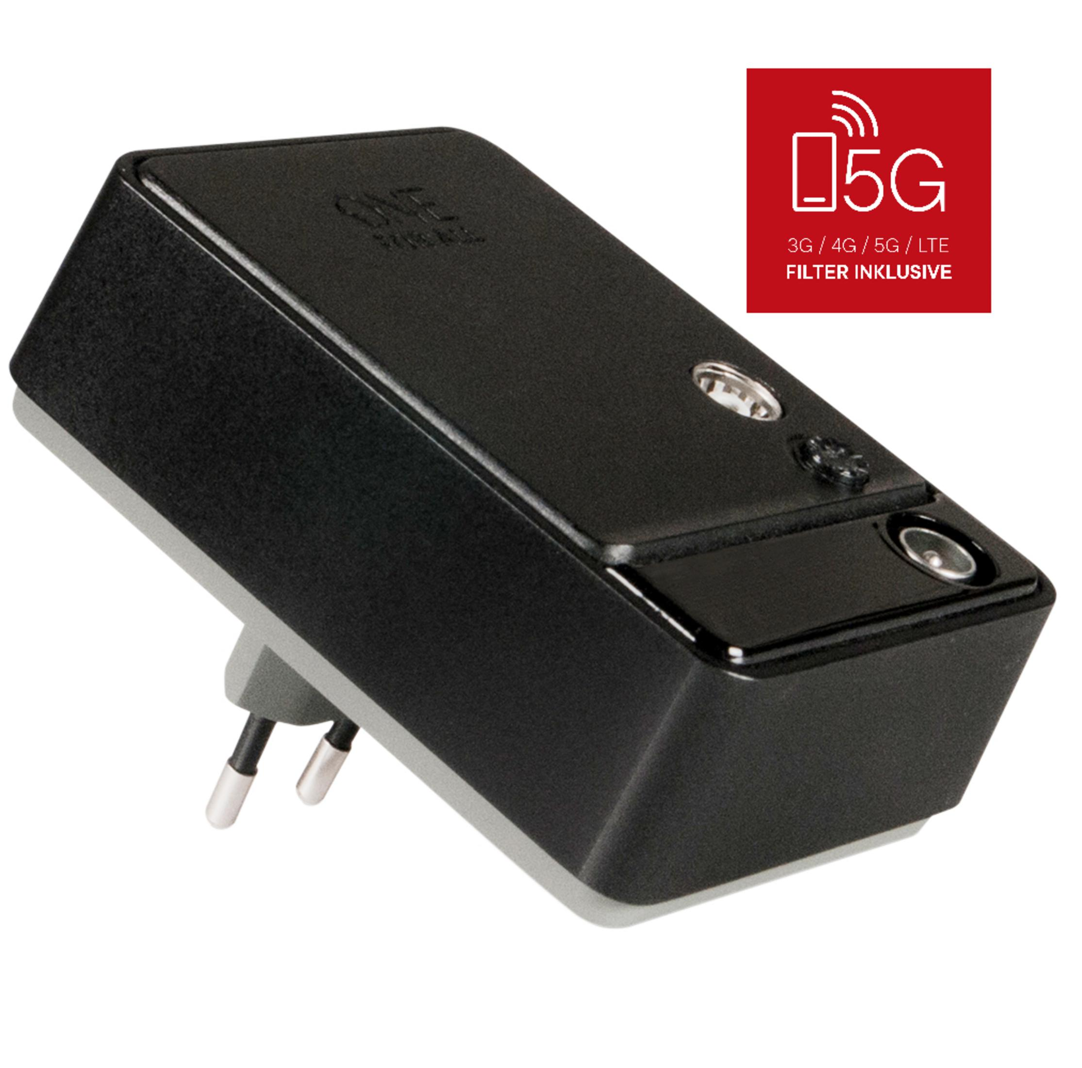 Schwarzer 5G-WLAN-Adapter, weißer Hintergrund, rotes 5G-Symbol. Schwarzer Stecker mit zwei Stiften.