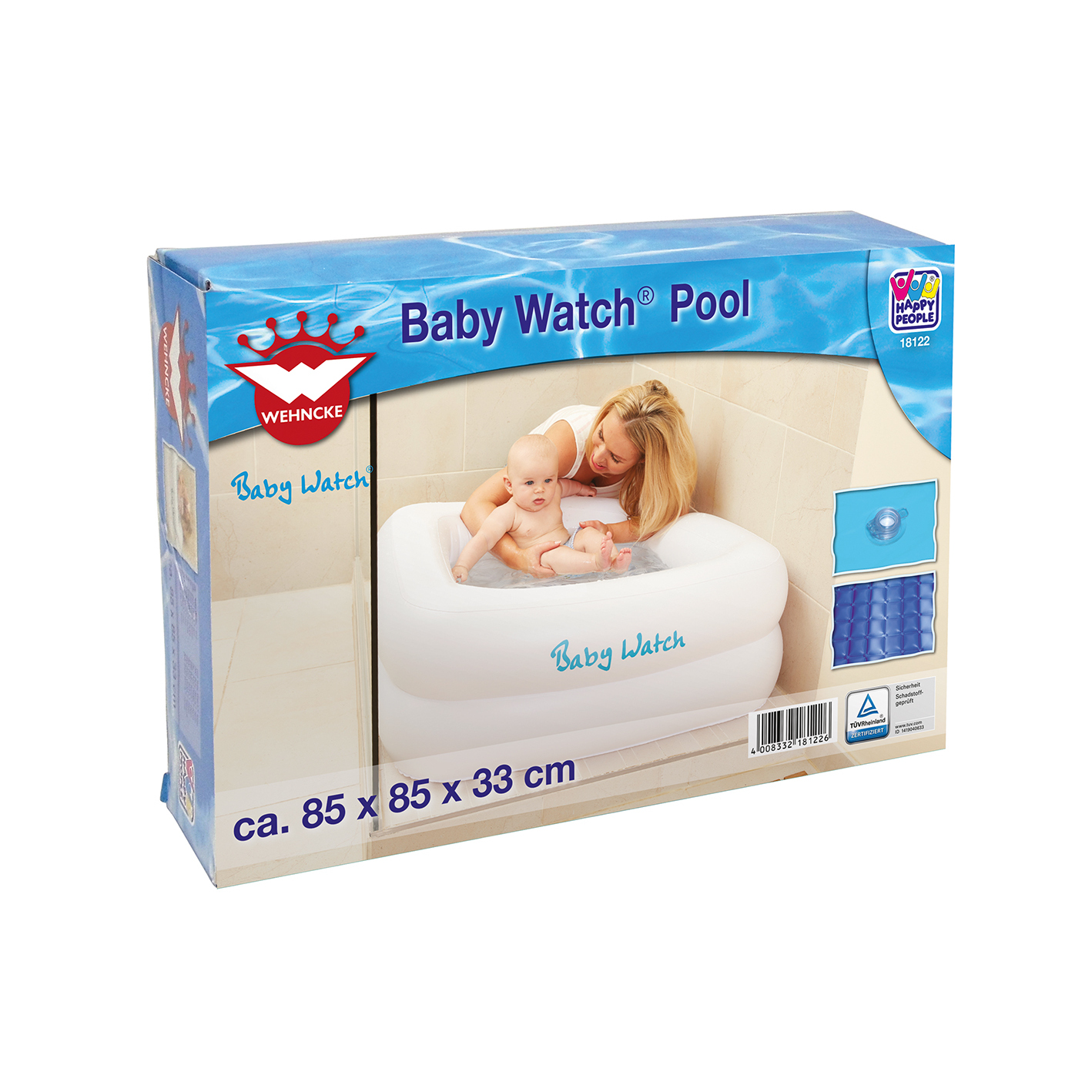 Karton mit Baby in aufblasbarer Wanne. Frau hält Baby. Blaue und weiße Box.