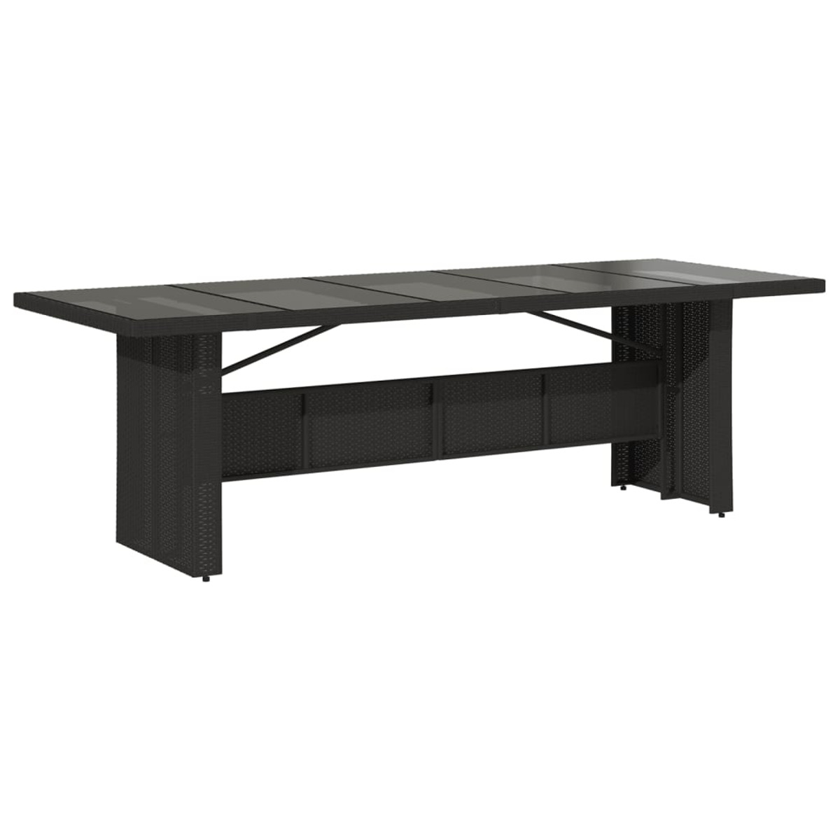 Tavolo rettangolare nero per esterni con design intrecciato. Sfondo bianco.