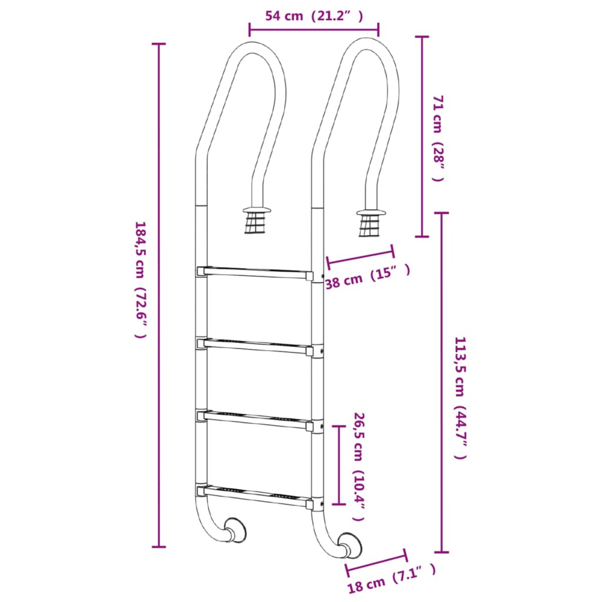Leiter mit Maßen: 184,5 cm, 71 cm, 113,5 cm, 54 cm, 38 cm, 26,5 cm und 18 cm. Weißer Hintergrund.