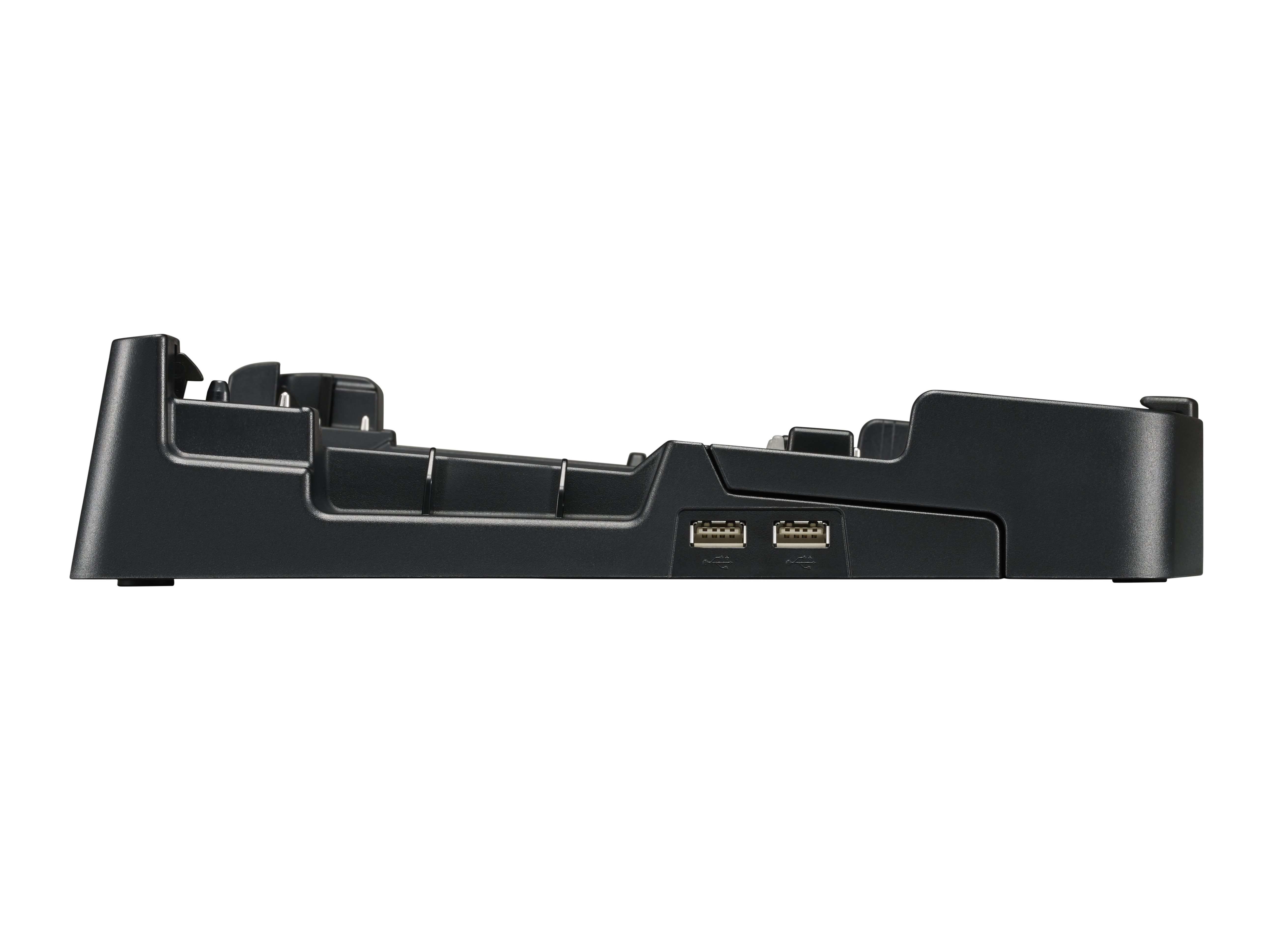 Dock di ricarica nero con due porte USB. Vista laterale del dock.