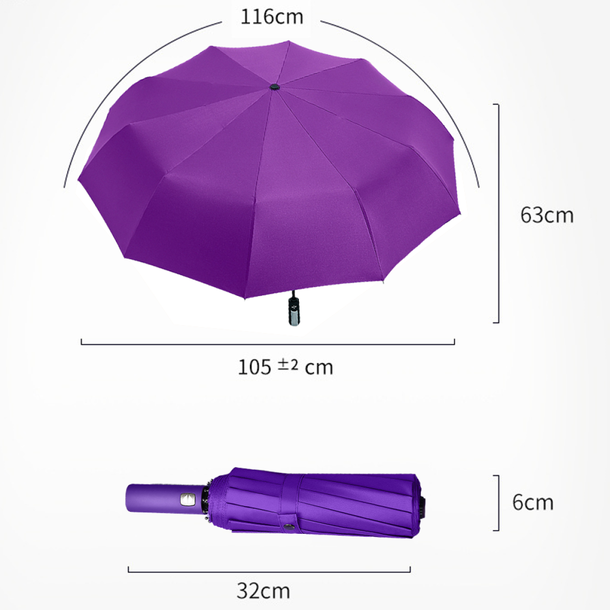 Lila Regenschirm, geöffnet. Maße: 116cm Durchmesser, 63cm Höhe, 105cm Breite.