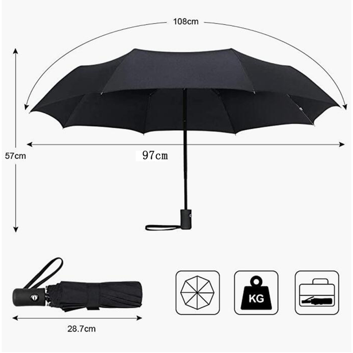 Ein schwarzer offener Regenschirm mit den Maßen: 108 cm breit, 97 cm quer und 57 cm hoch. Schwarzer Griff.
