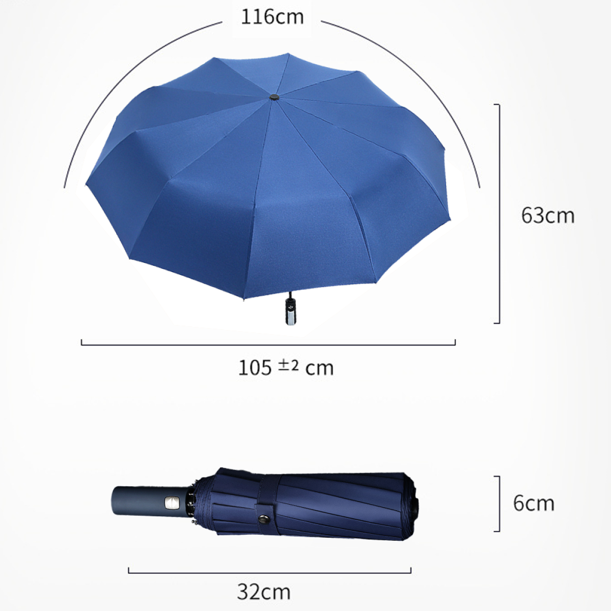 Ein blauer Regenschirm, geöffnet und geschlossen, mit Maßangaben.