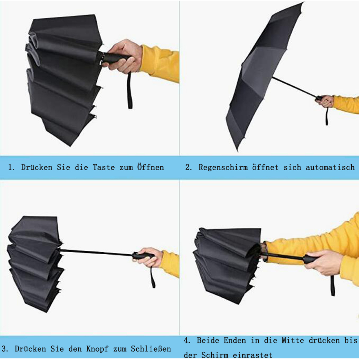 Sequenz, die das Öffnen und Schließen eines Regenschirms zeigt.