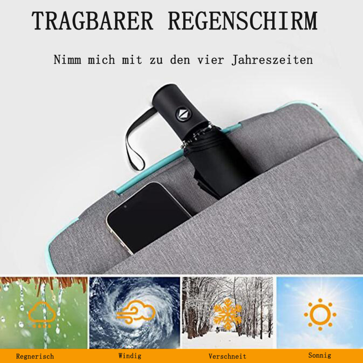 Gefalteter schwarzer Regenschirm in einem grauen Etui mit Wetter-Symbolen und Text.