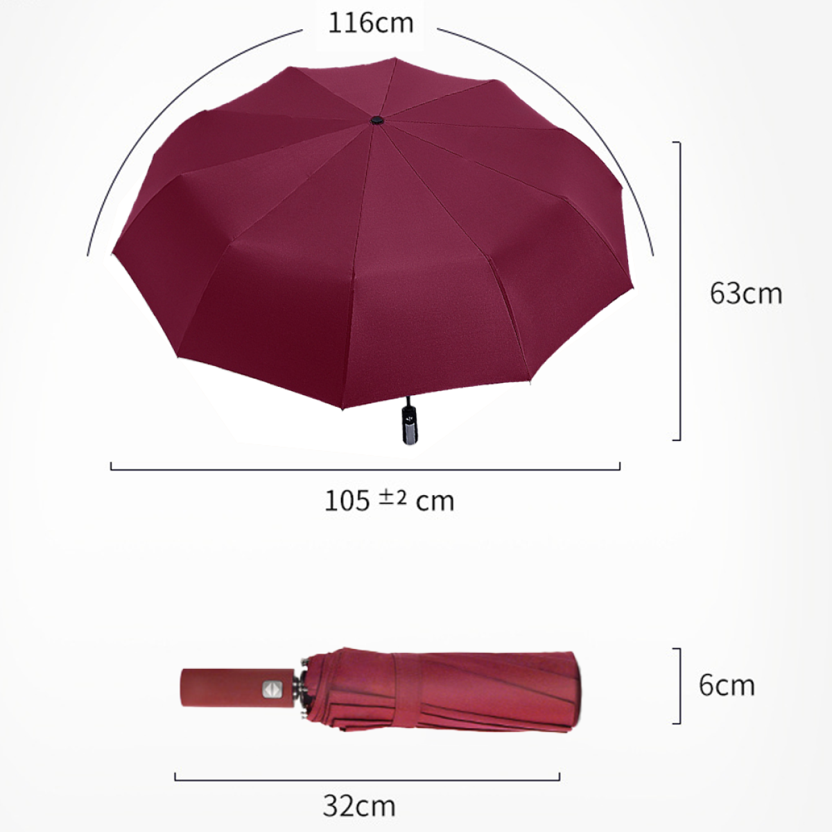 Burgunderfarbener Regenschirm, offen und geschlossen, mit Größenangaben. Der offene Schirm ist 116 cm breit.