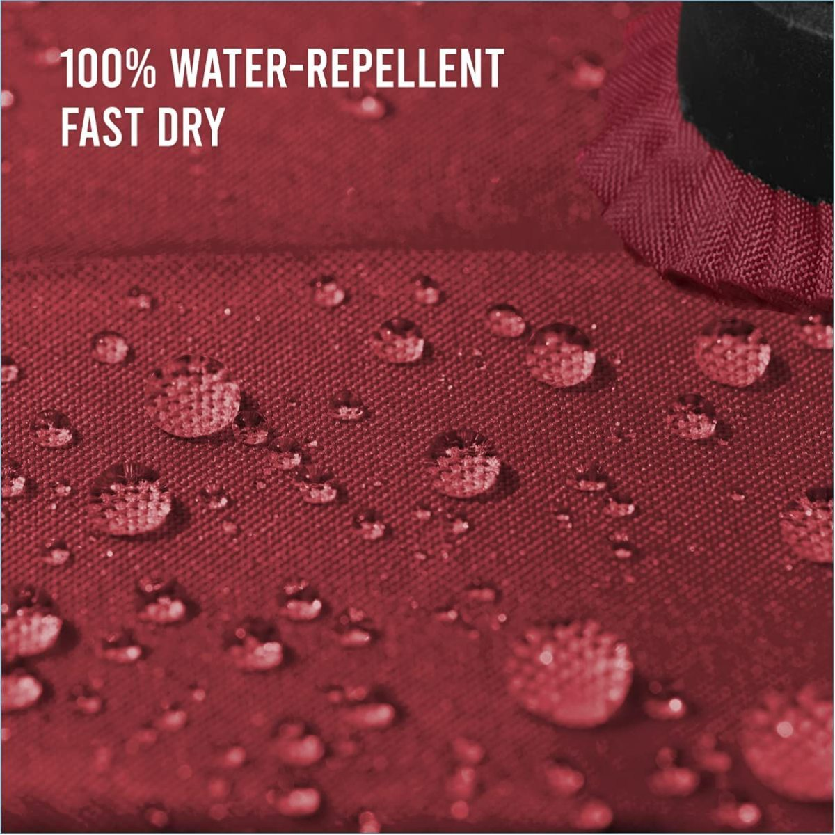 Roter Stoff mit Wassertropfen. Text: '100% WASSERABWEISEND SCHNELL TROCKNEND'.