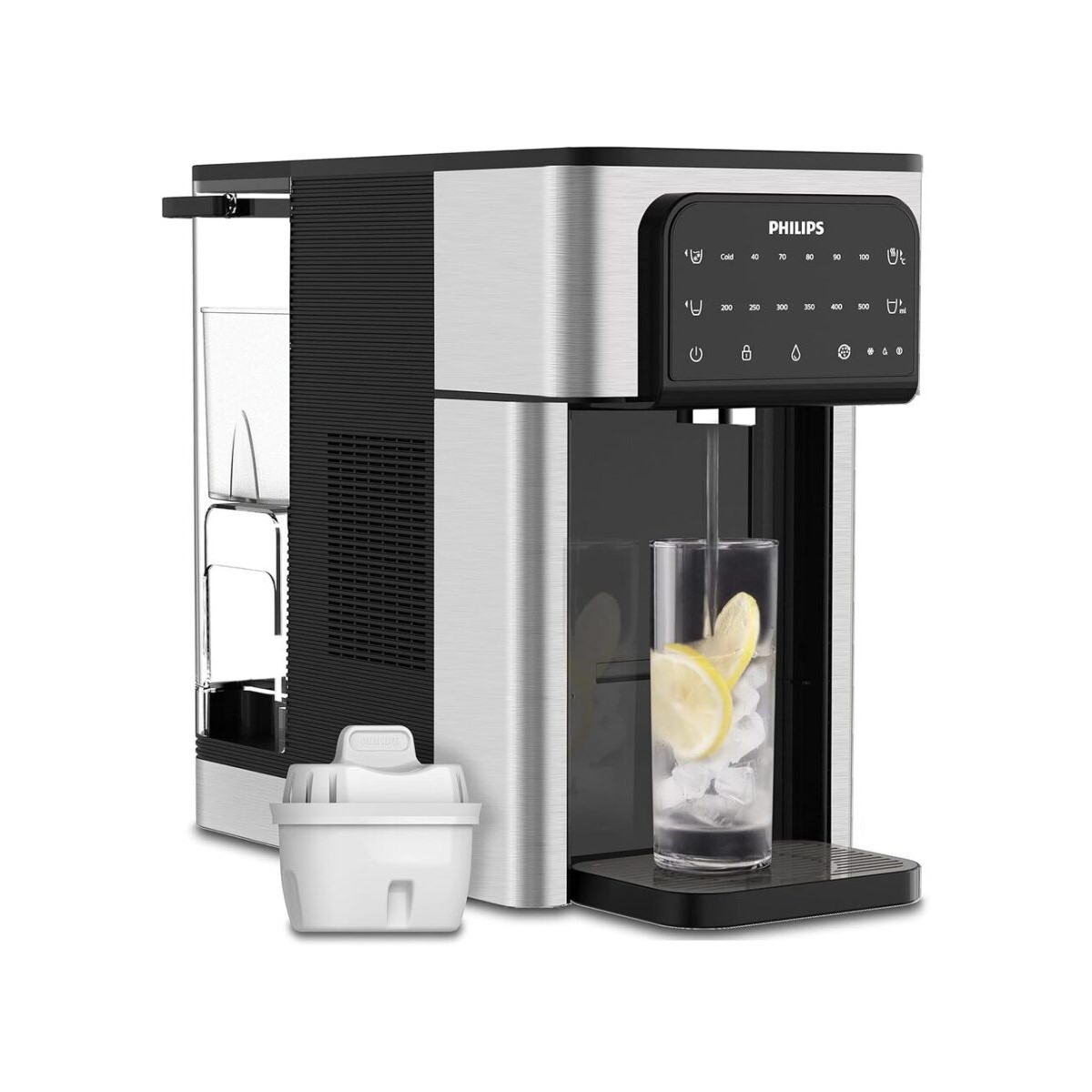 Ein silberner und schwarzer Philips Wasserspender mit einem Glas Wasser und Zitronen.