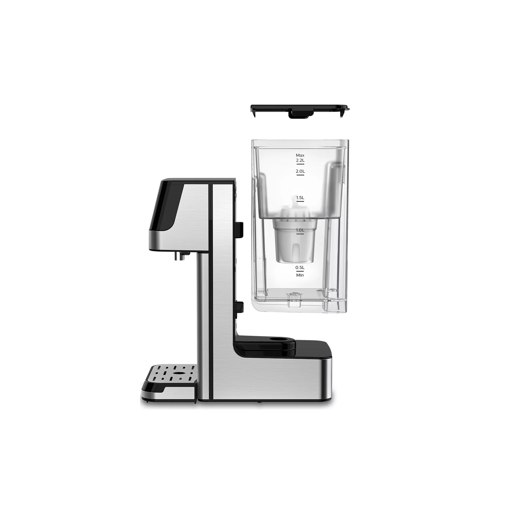 Kaffeemaschine mit transparentem Wassertank und Ausguss.