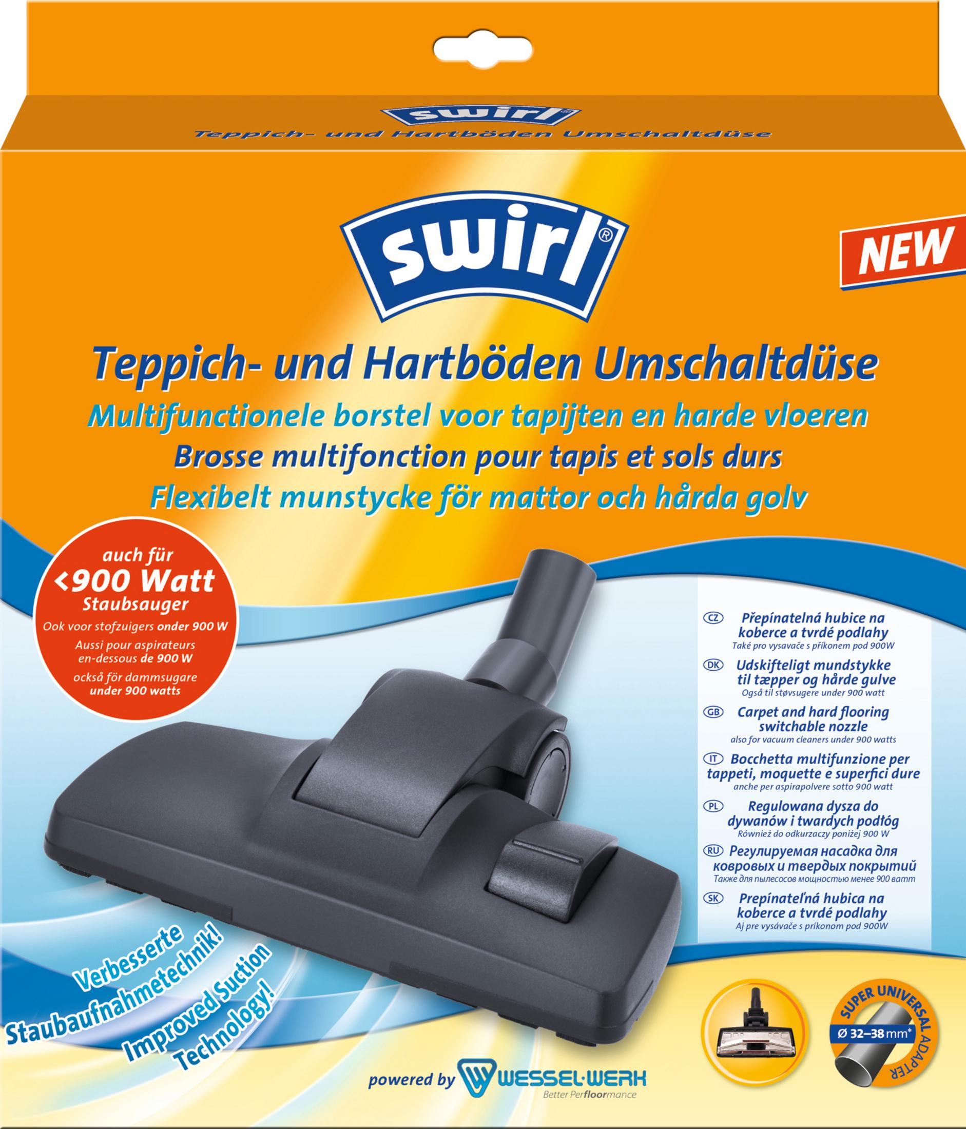 Staubsaugerkopf mit Text und eine Box mit Text und einem neuen Aufkleber.