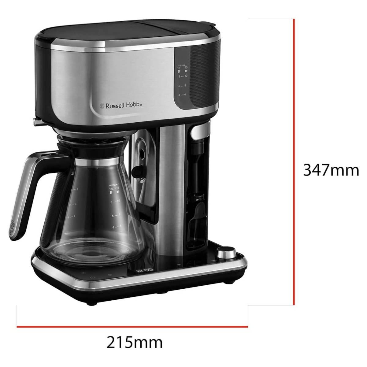 Srebrno-czarny ekspres do kawy ze szklaną karafką. Wymiary podane po prawej stronie produktu.