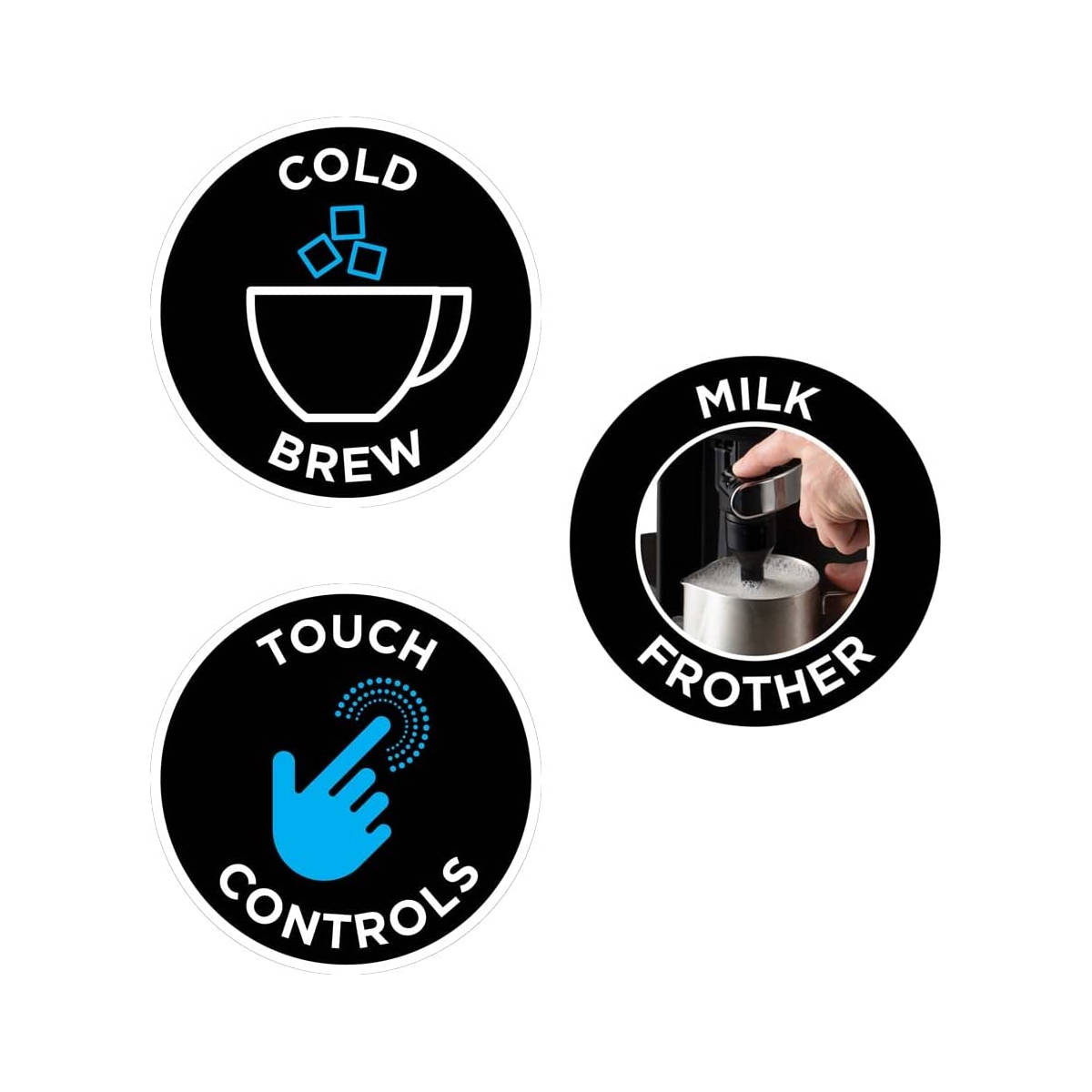 Schwarze Kreise mit Symbolen für Cold Brew, Touch Controls und Milchaufschäumer. Weißer Hintergrund.