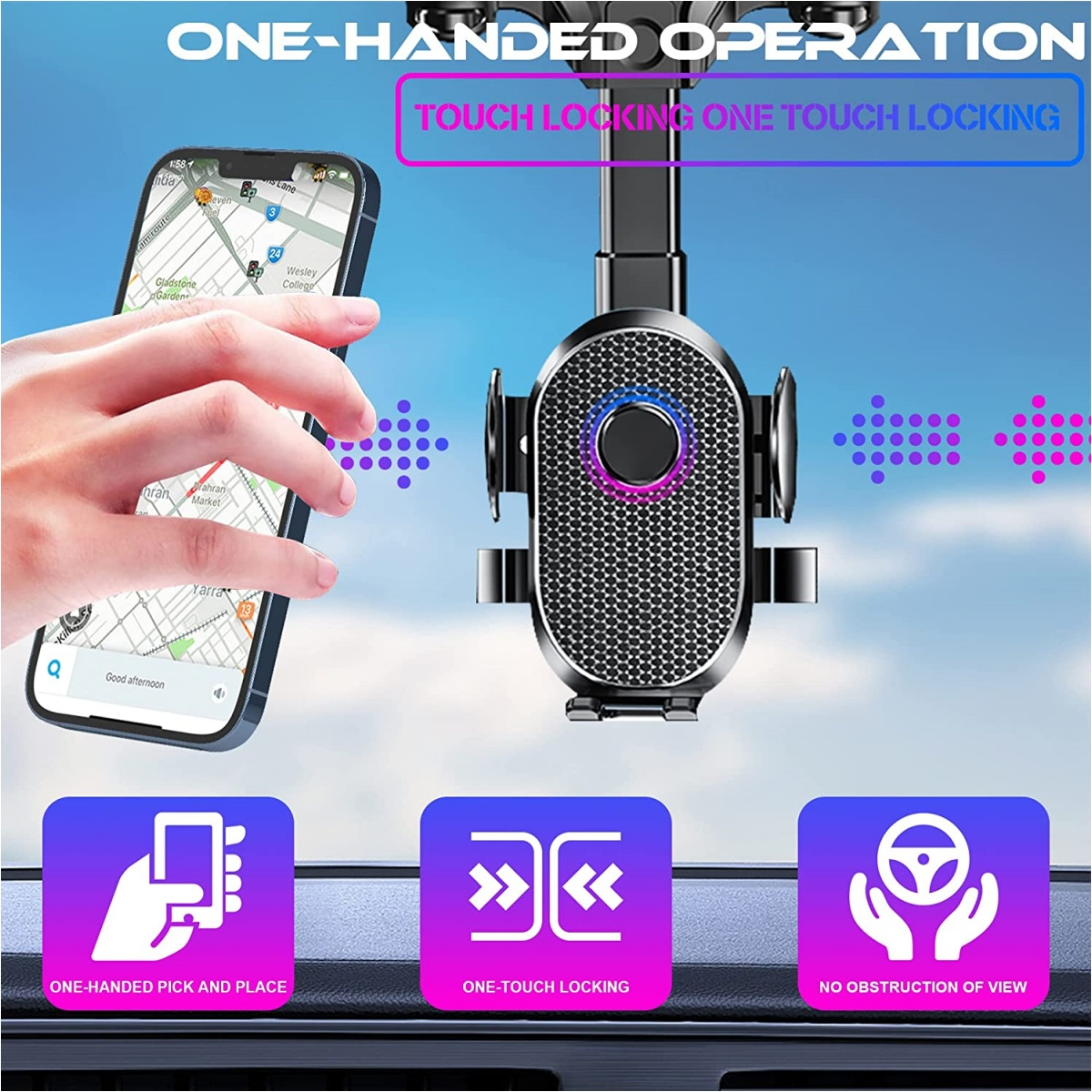 Eine Handyhalterung für das Auto mit einem Telefon. Einhandplatzierung, One-Touch-Verriegelung und keine Sichtbehinderung.
