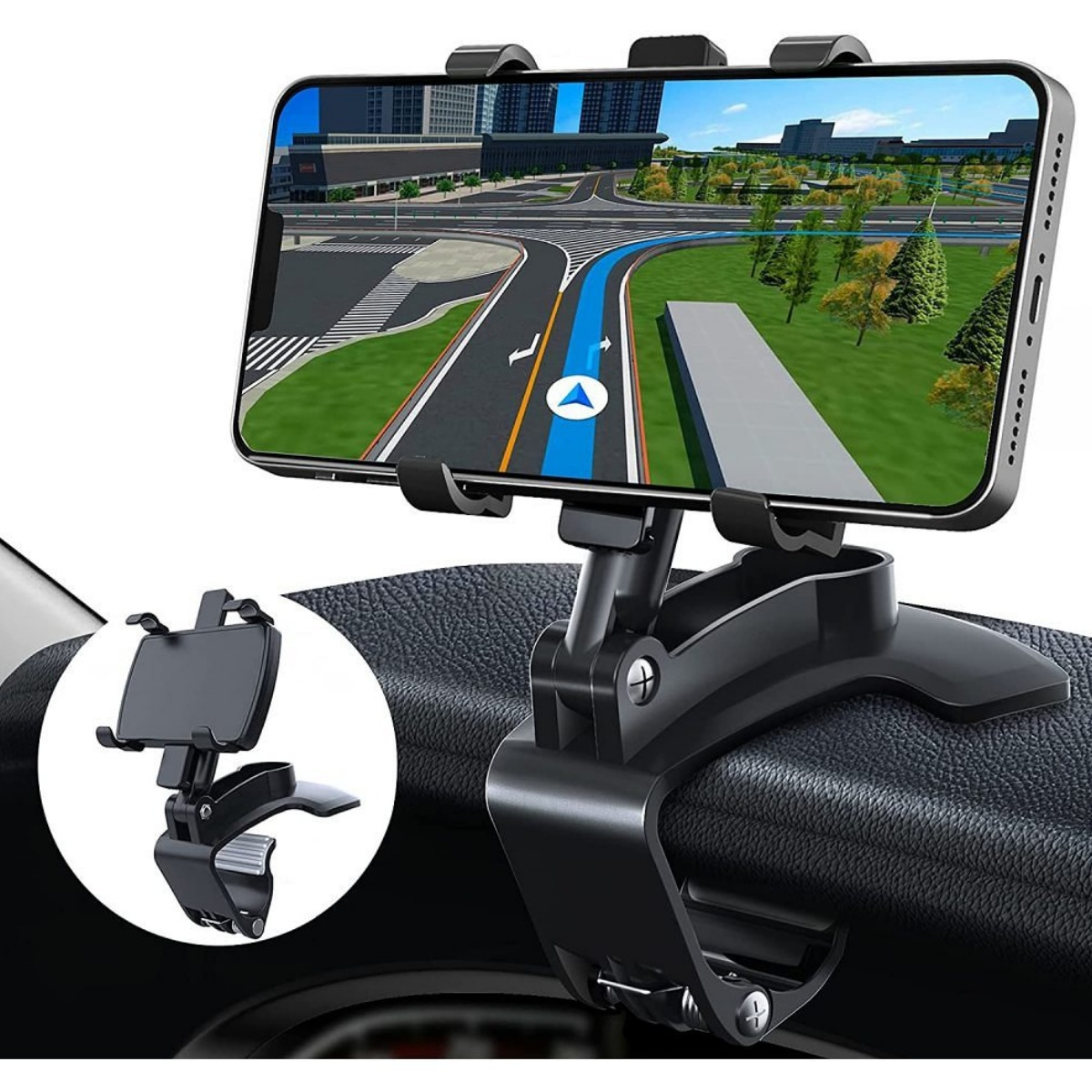 Schwarzer Handyhalter für das Armaturenbrett mit einem Navigations-App.