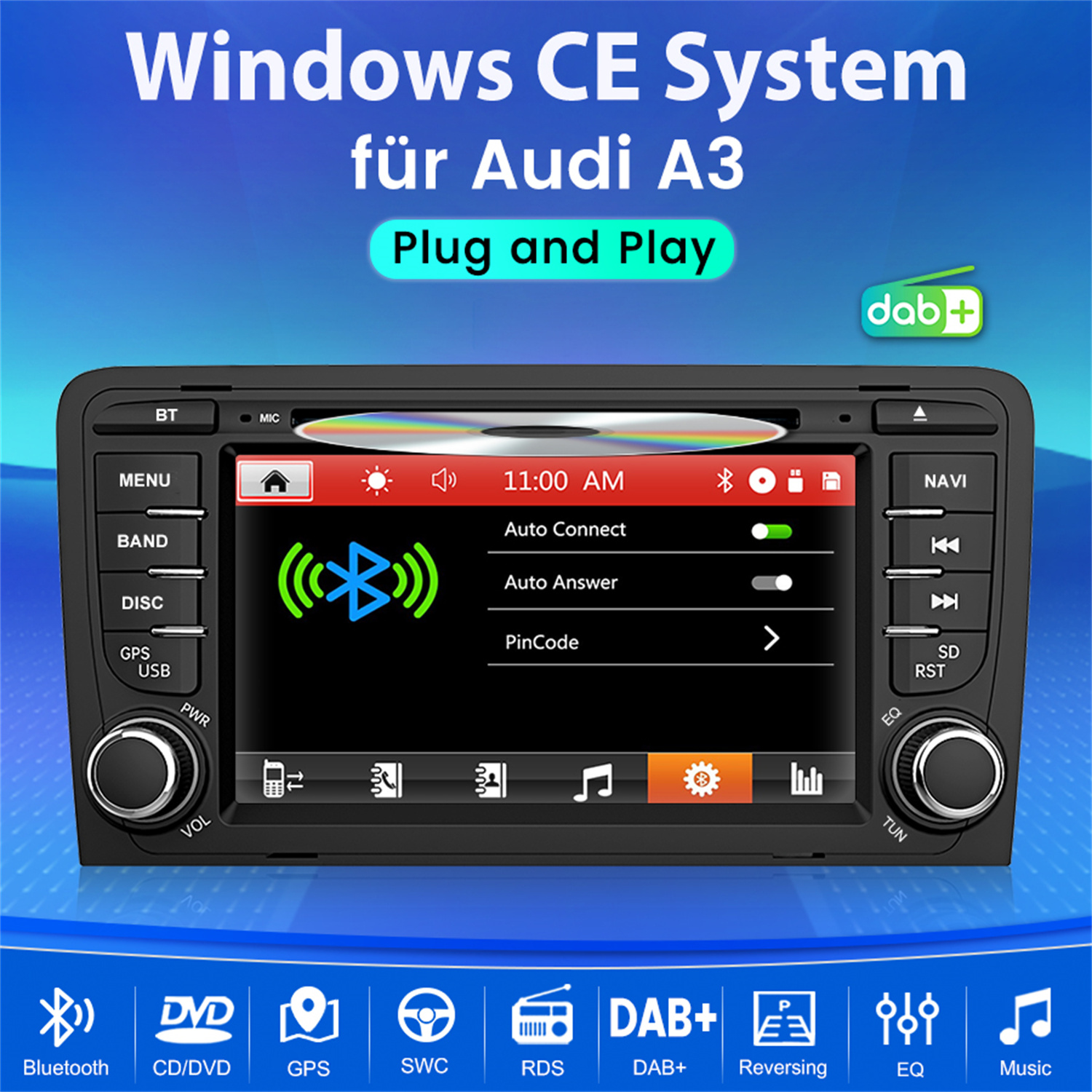 Ein Autoradio mit einem Bildschirm, der Bediensymbole anzeigt. Der Hintergrund ist blau.