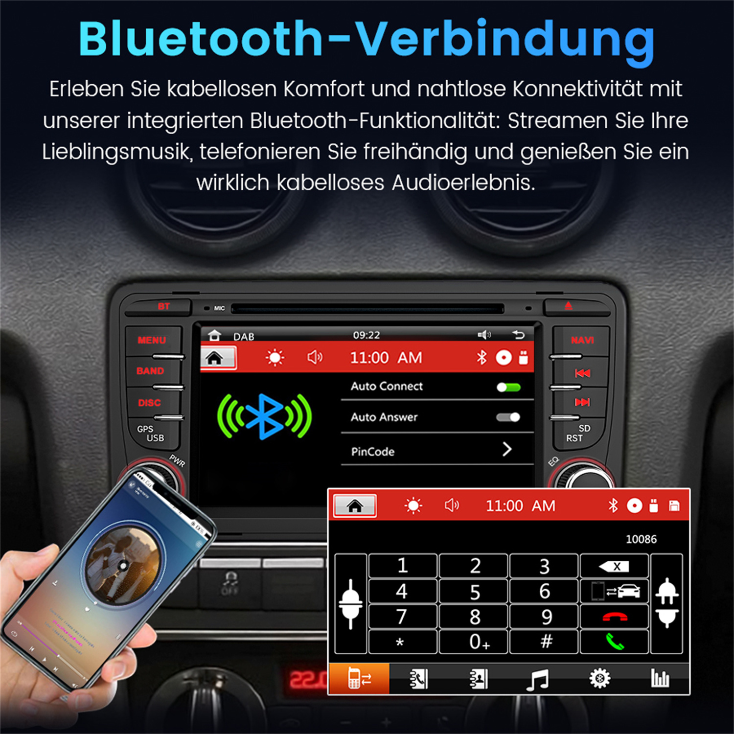 Autoradio-Bildschirm mit Bluetooth-Verbindung, eine Hand hält ein Telefon mit Musik.