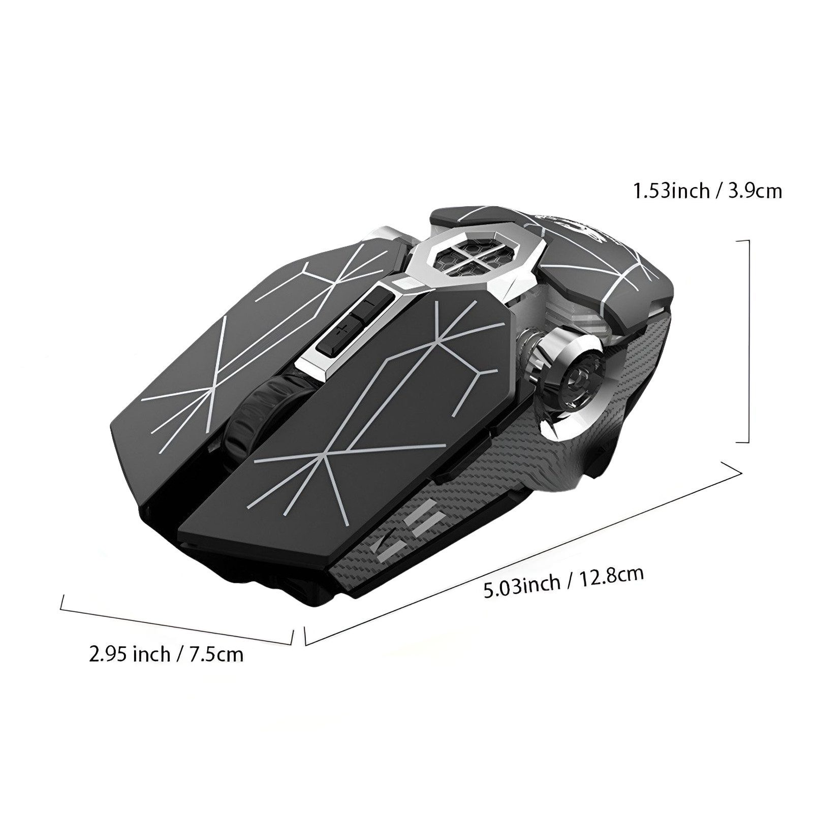 Eine schwarze Gaming-Maus mit geometrischen Designs und angezeigten Abmessungen, leicht nach oben geneigt.