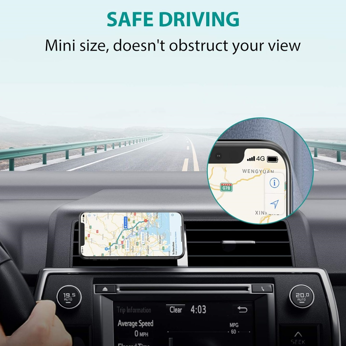 Autointerieur mit Telefonhalter, das eine Karte und das Armaturenbrett des Autos mit Geschwindigkeits- und Zeitangaben zeigt.