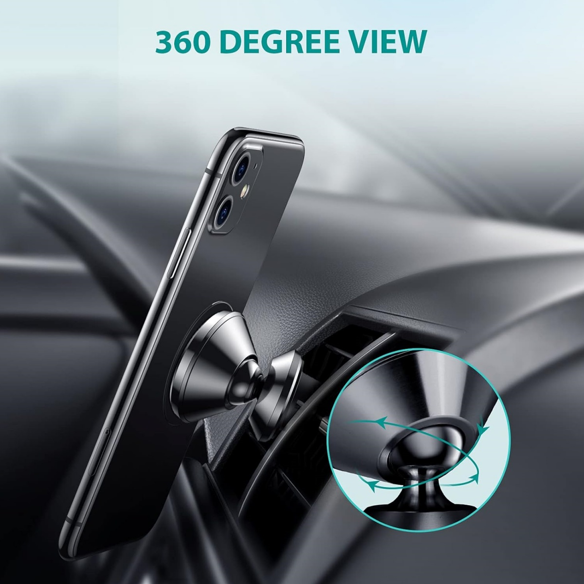 Telefon auf dem Armaturenbrett eines Autos montiert, Nahaufnahme der magnetischen Halterung.