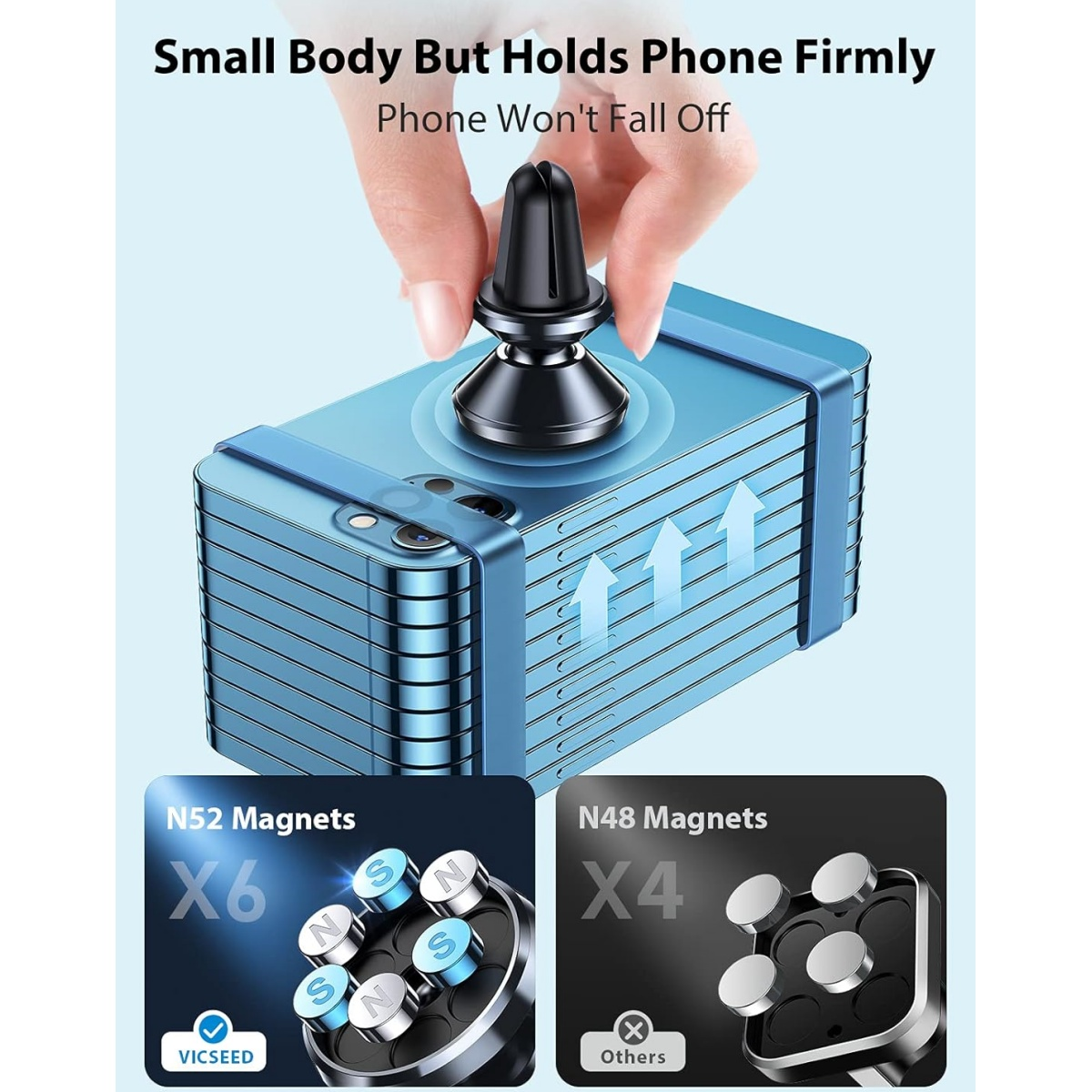 Eine Hand platziert einen Telefonhalter auf einem blauen Gerät, mit Nahaufnahmen von Magneten.
