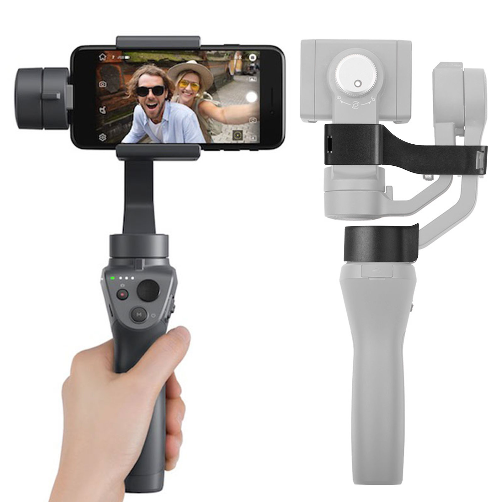 Hand hält einen grauen Smartphone-Gimbal mit befestigtem Telefon, zeigt ein Selfie und ein Modell daneben.
