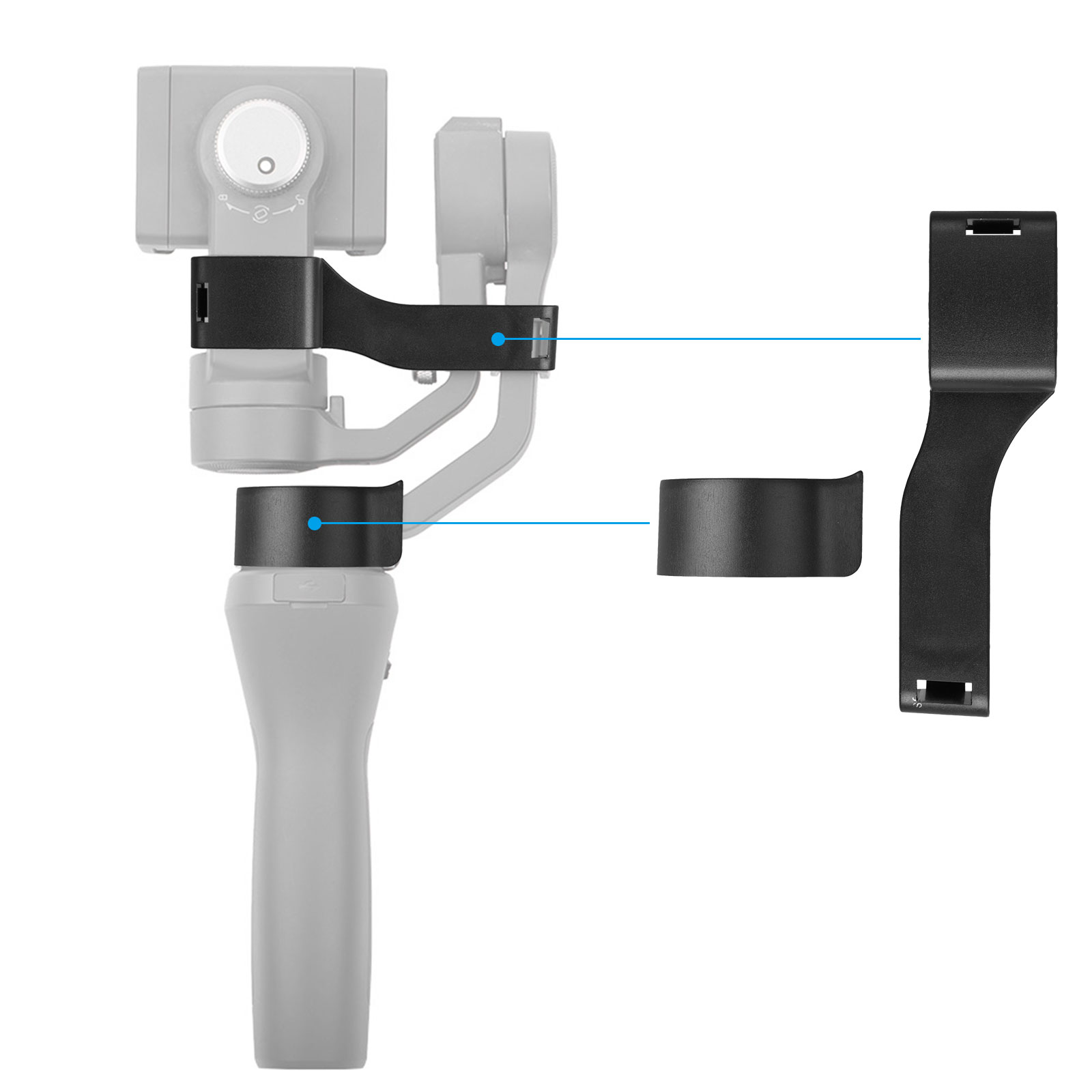 Zerlegter Gimbal-Stabilisator mit schwarzen Montageteilen, die zeigen, wie man ihn am Gerät befestigt.