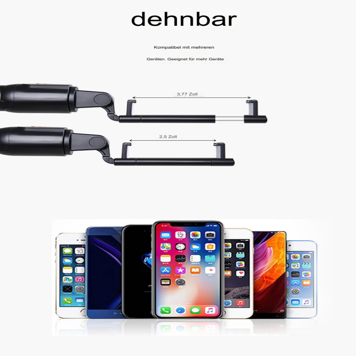 Eine Grafik, die verstellbare Telefonhalter mit mehreren Telefonen zeigt.