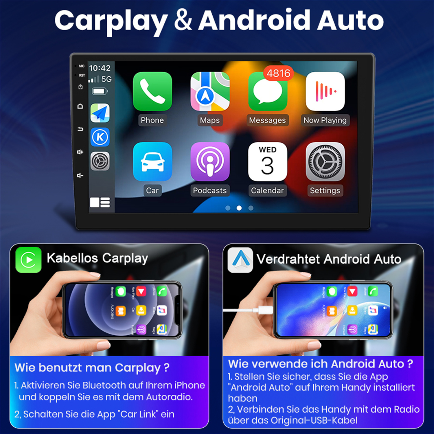 Carplay & Android Auto-Schnittstelle auf einem Auto-Bildschirm, mit Telefon-Apps. Zwei Telefone zeigen drahtlose und kabelgebundene Verbindungen.