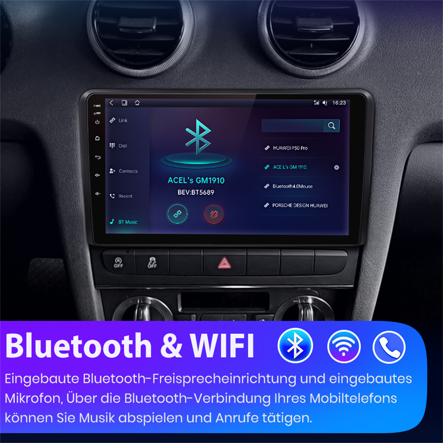 Bildschirm des Auto-Multimediasystems mit Einstellungen und Bluetooth-Informationen.