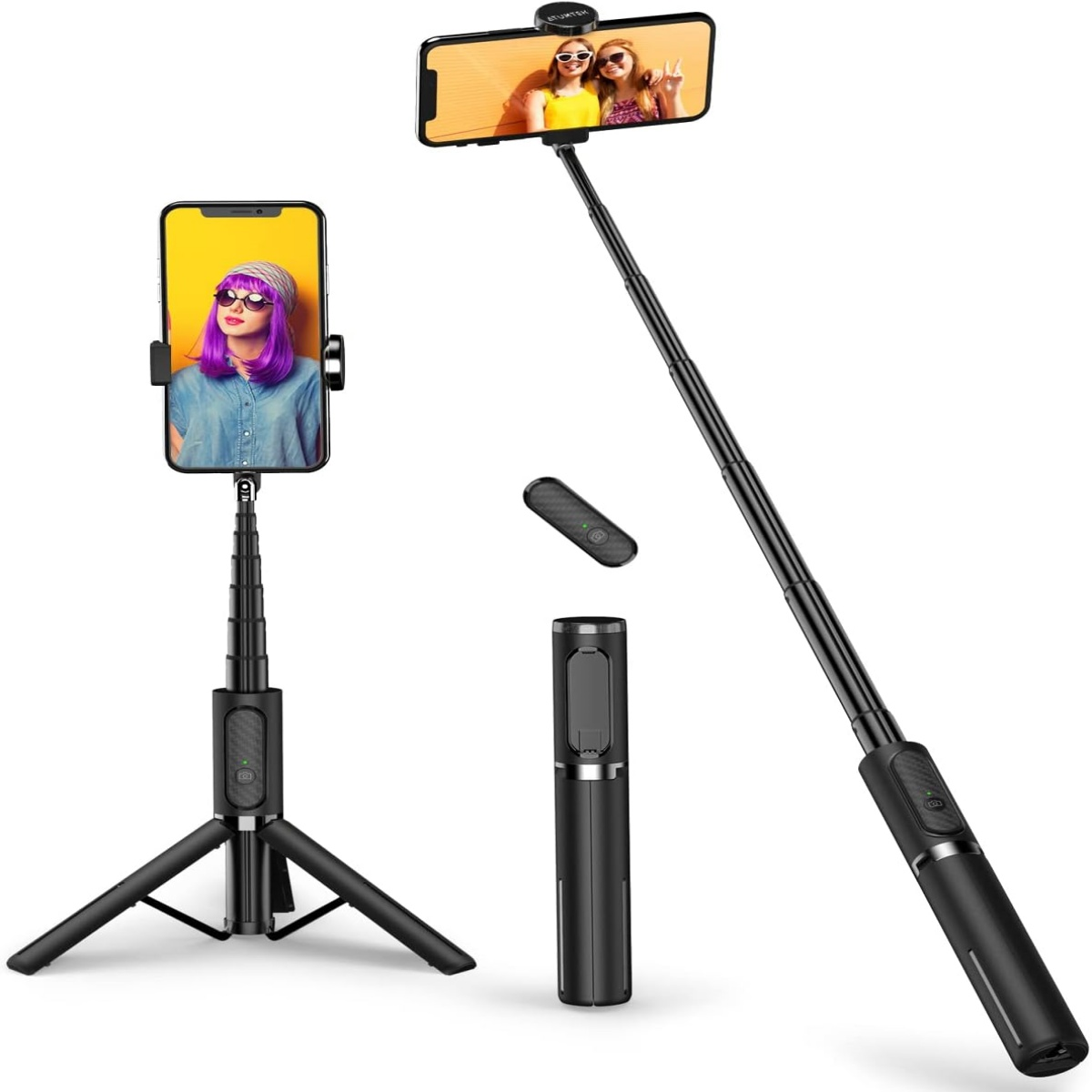 Selfie-Sticks mit Telefon, Stativ und Fernbedienung.