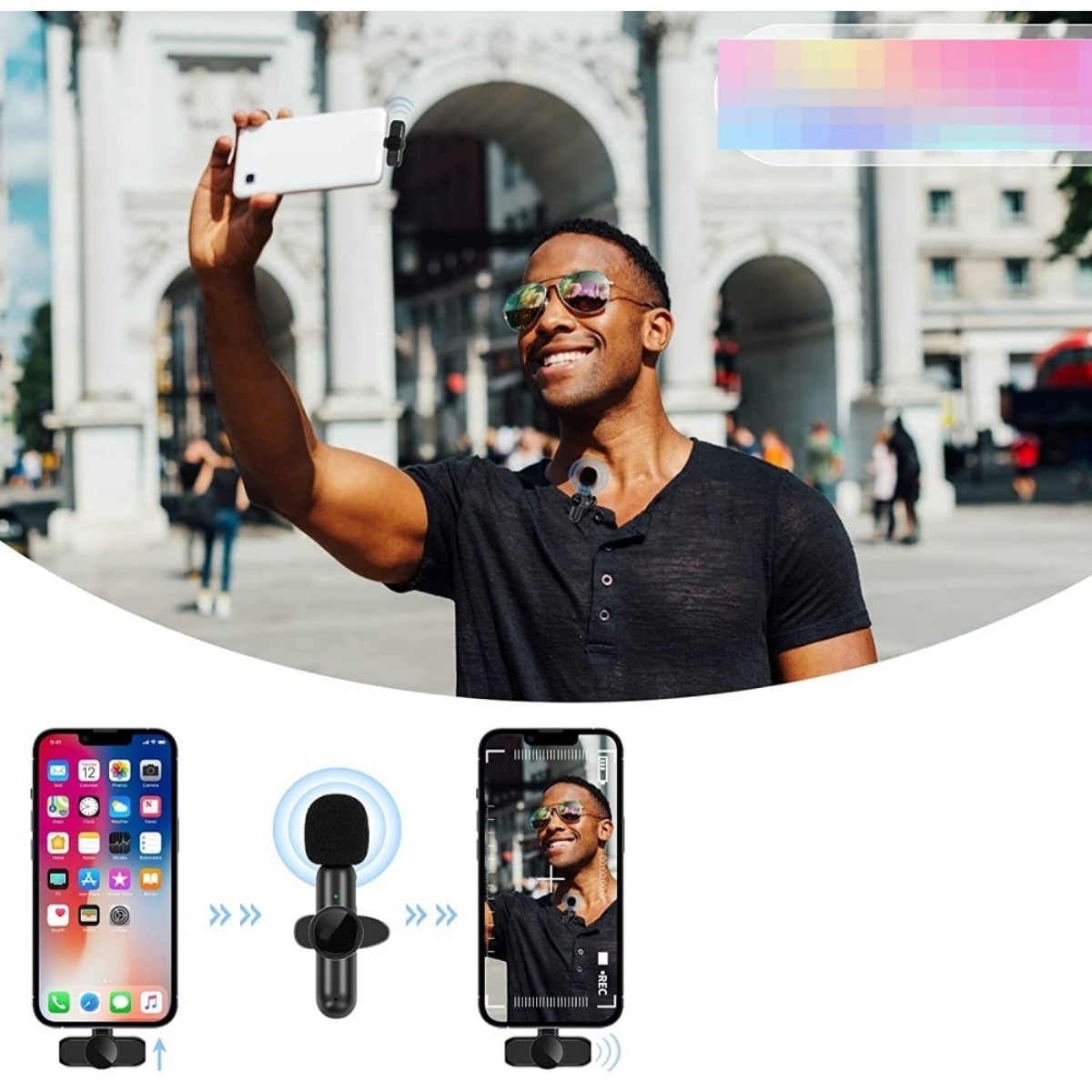 Mann, der ein Telefon mit Mikrofon hält. Bild zeigt Einrichtung mit Mobiltelefonen.