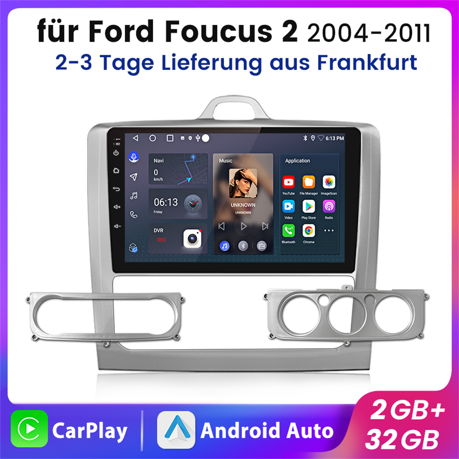 Autoradio für Ford Focus 2 mit Display, Anwendungen und Zubehör auf weißem Hintergrund.