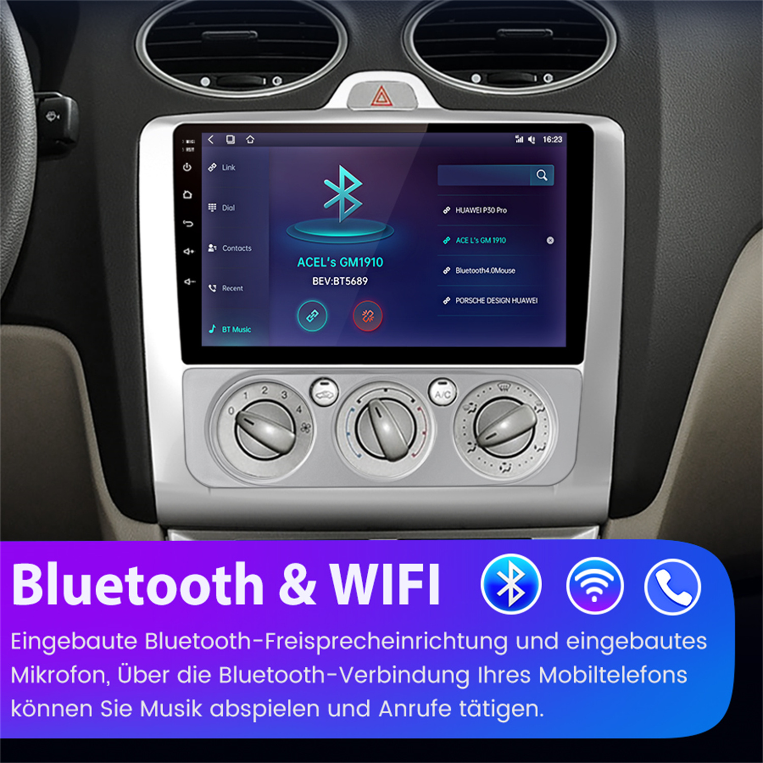 Aut Armaturenbrett mit einem Bildschirm, der Bluetooth- und Wi-Fi-Optionen anzeigt, plus Bedienelemente.