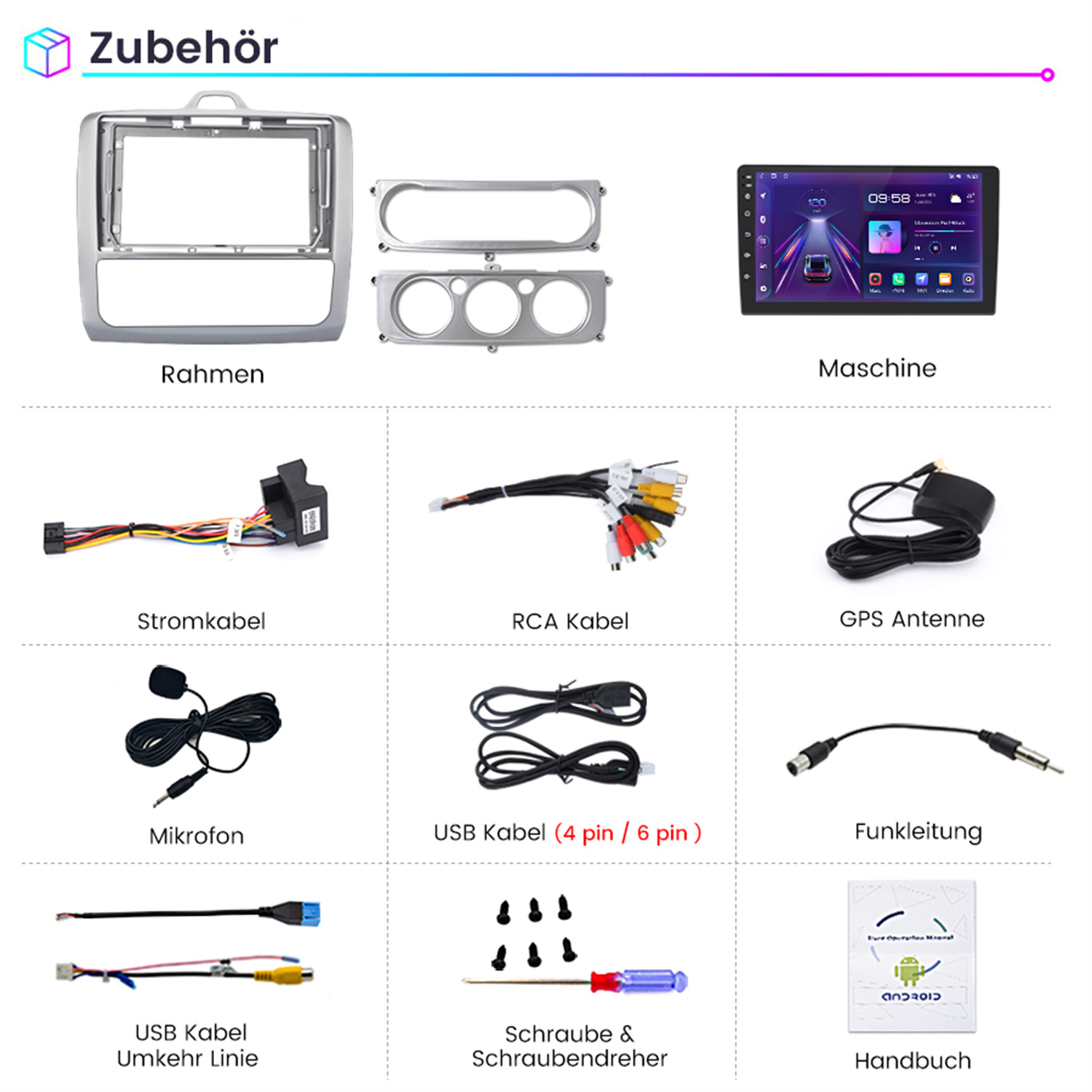 Zubehör für Autoradios, darunter ein Rahmen, Maschine, Kabel, GPS, Mikrofon und ein Handbuch.
