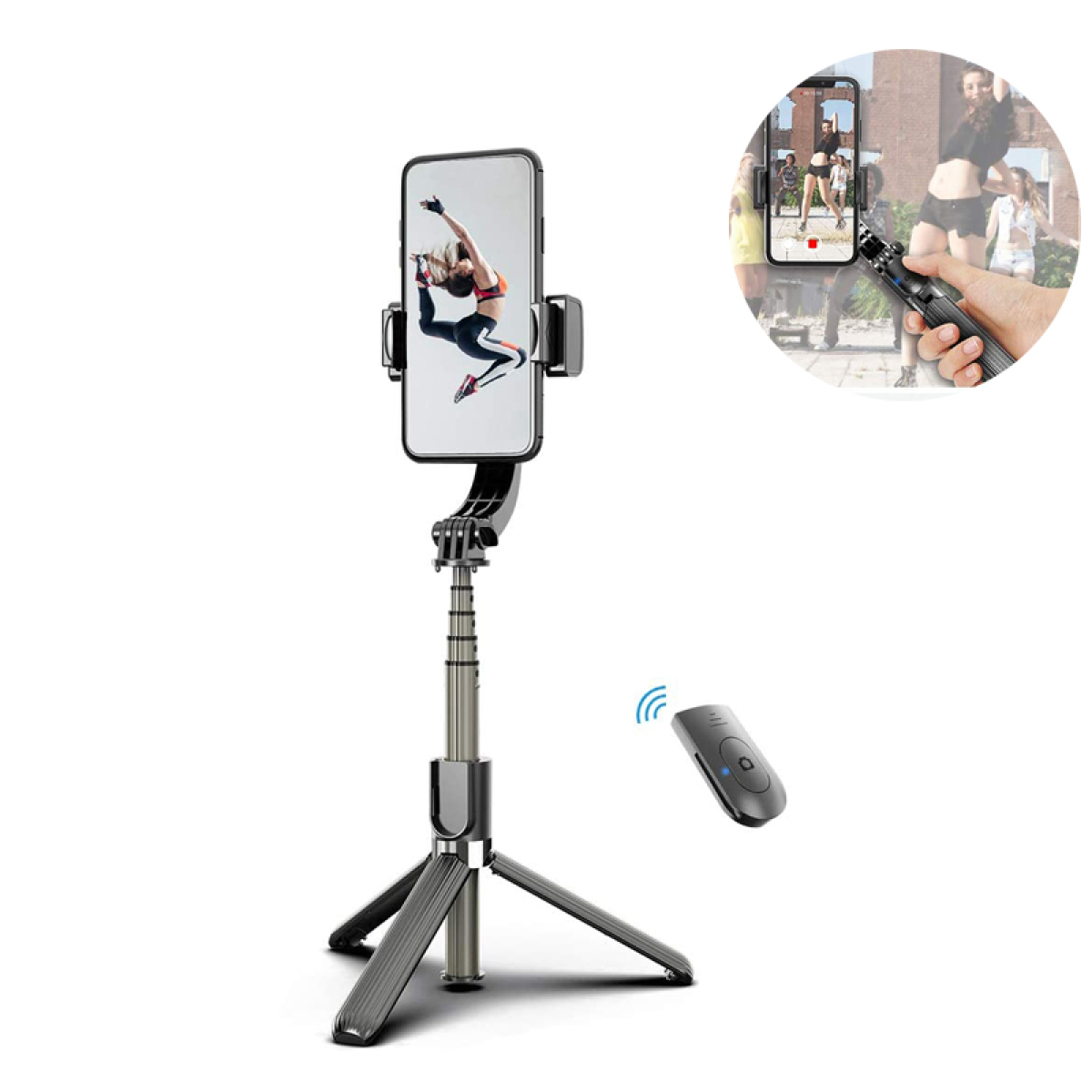 Ein Telefon auf einem Stativ mit Fernbedienung und ein zweites Bild in der Ecke.