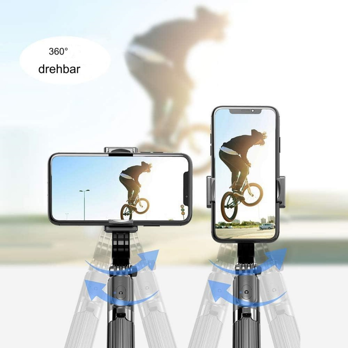 Zwei Telefone auf Stativen zeigen eine Person beim Fahrradfahren. Die Szene ist draußen, sonnig.