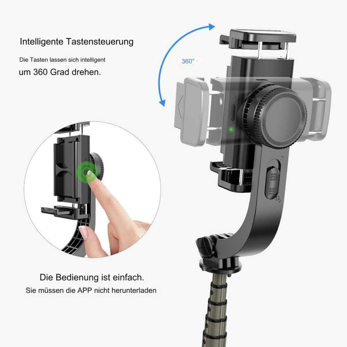Ein schwarzer Telefonstabilisator, Finger drückt Knopf, 360 Grad Drehung.