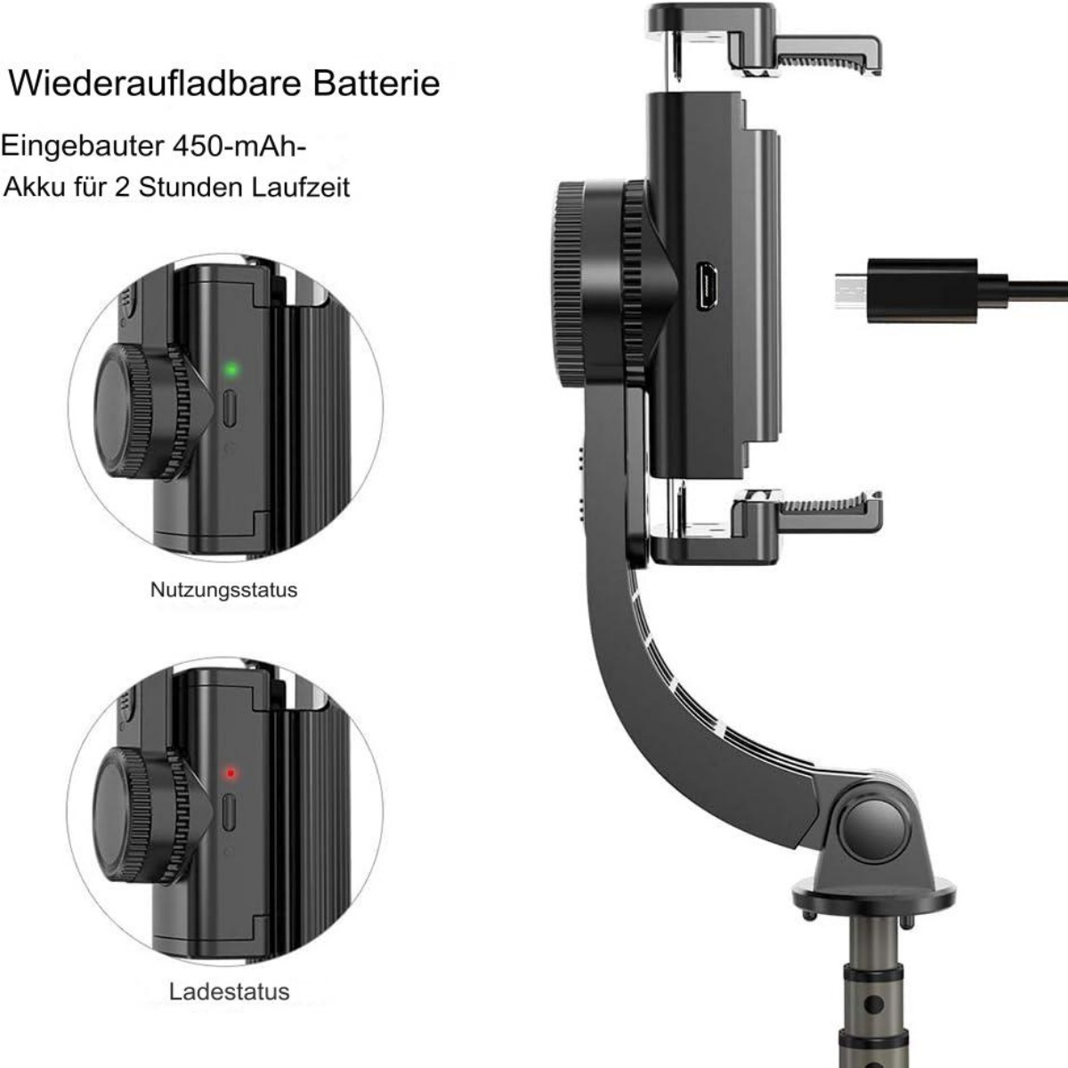Gerät mit Lichtern, die den Nutzungs- und Ladestatus anzeigen, mit einem Ladekabel.