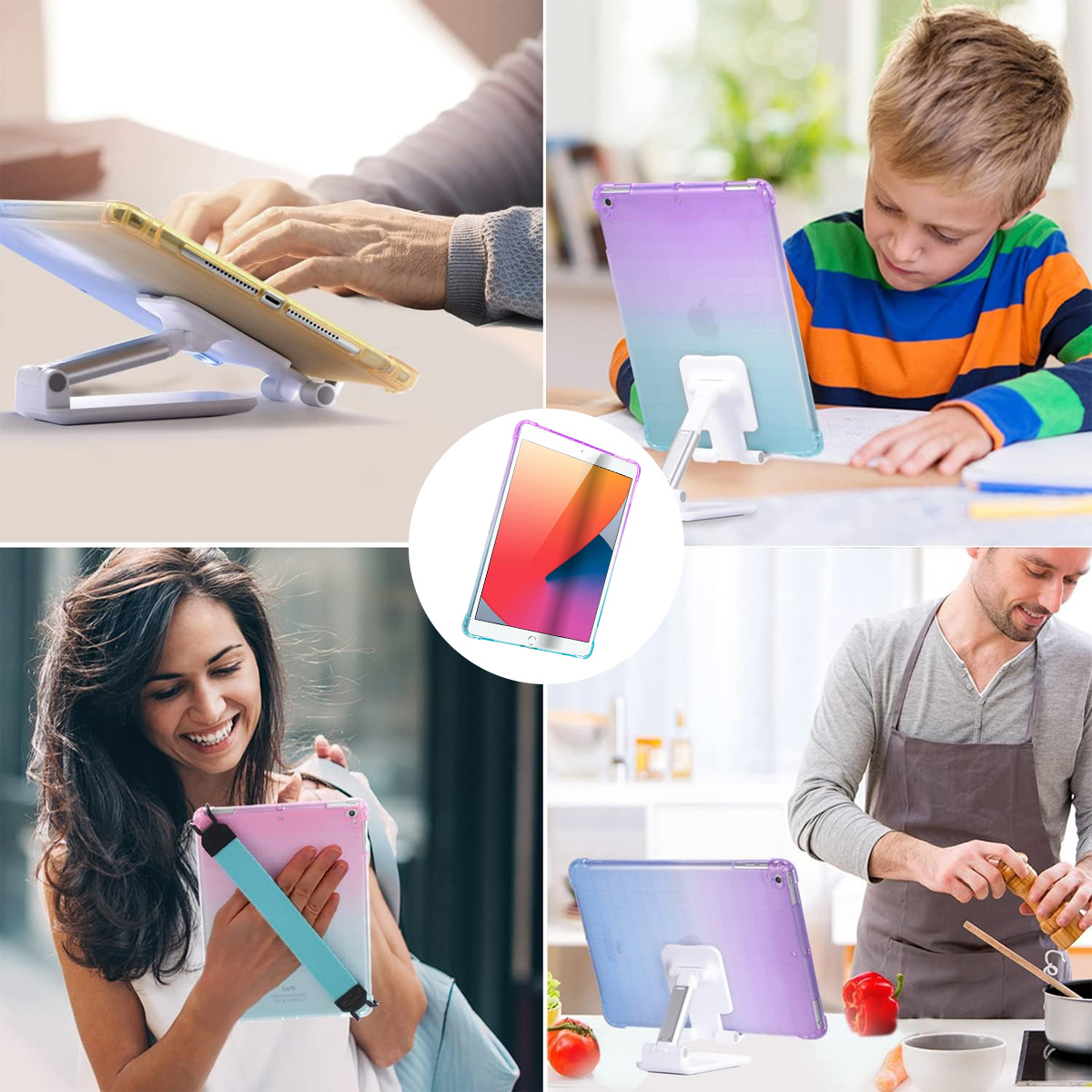 Eine Collage von Personen, die iPads mit Gradienten-Hüllen in verschiedenen Umgebungen und Winkeln verwenden.
