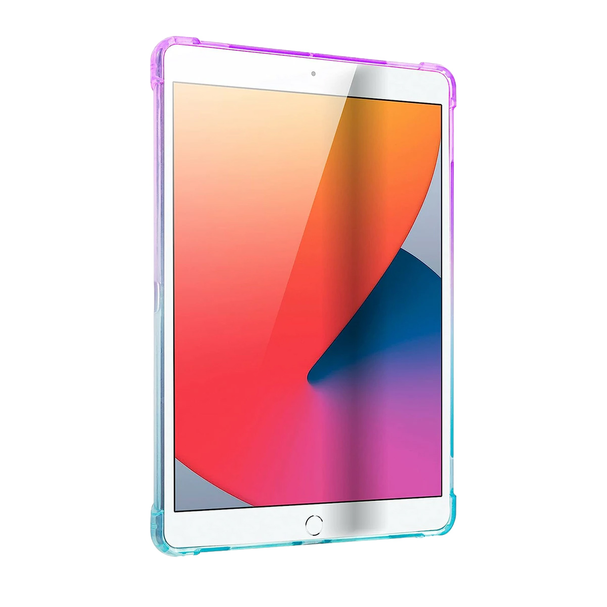 Ein iPad in einer transparenten Hülle mit Gradienten-Design. Die Hülle verläuft von Lila zu Türkis.
