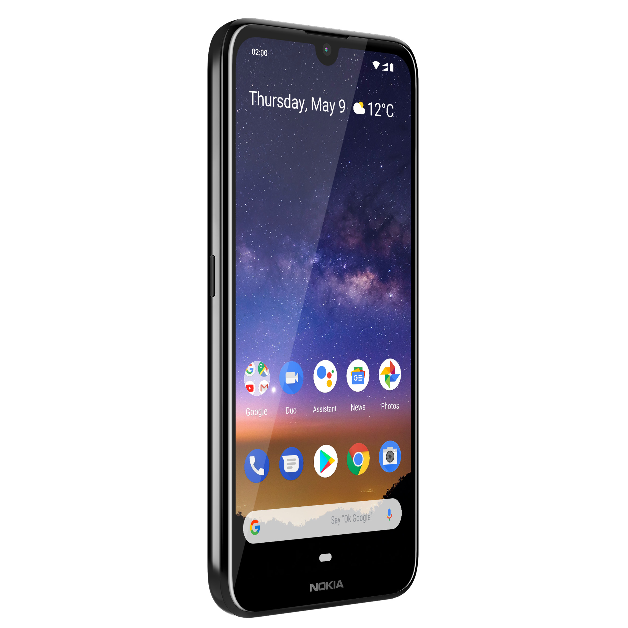 Ein schwarzes Smartphone mit großem Bildschirm, der eine Benutzeroberfläche anzeigt, leicht angewinkelt.