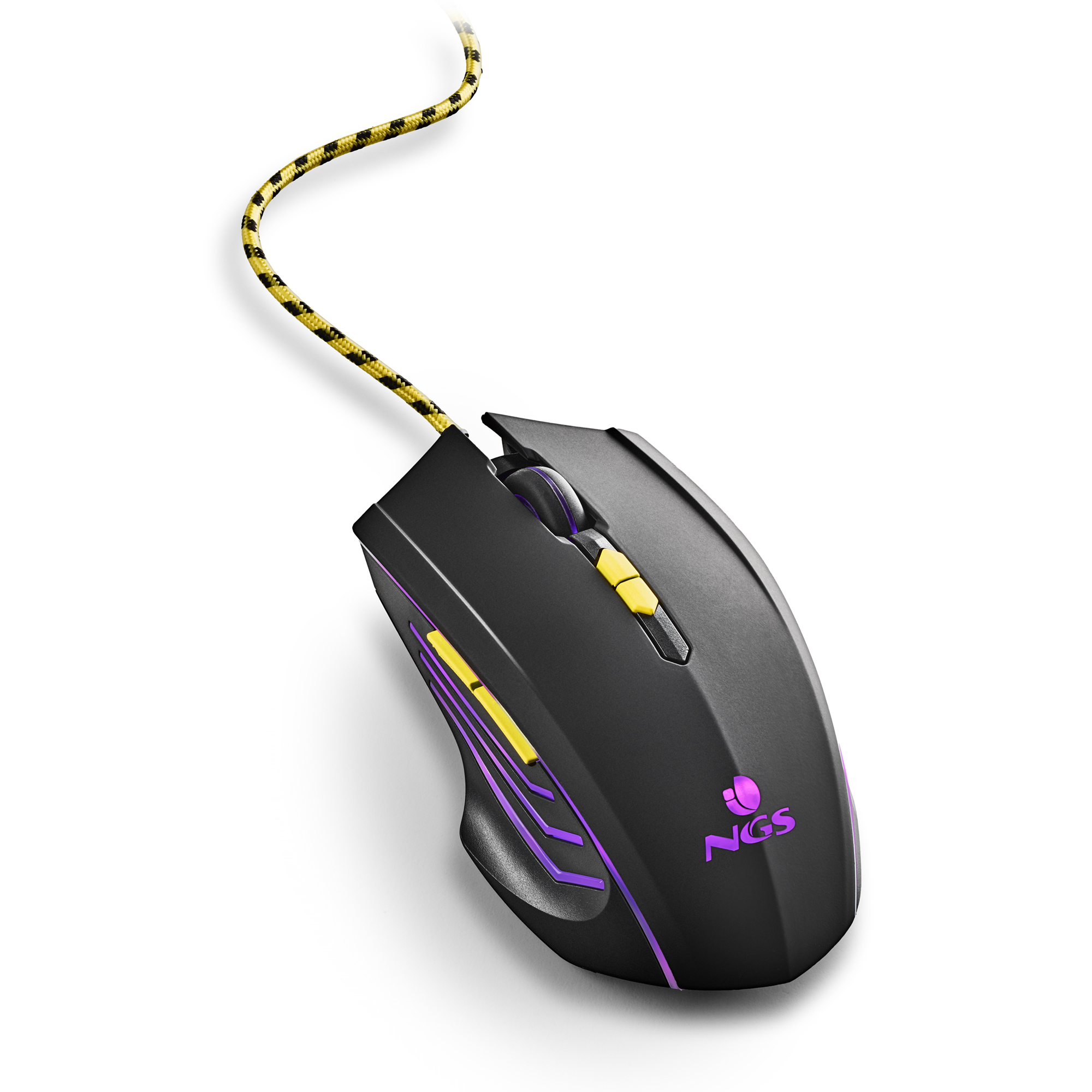 Ratón gaming negro con detalles amarillos y morados y cable amarillo.