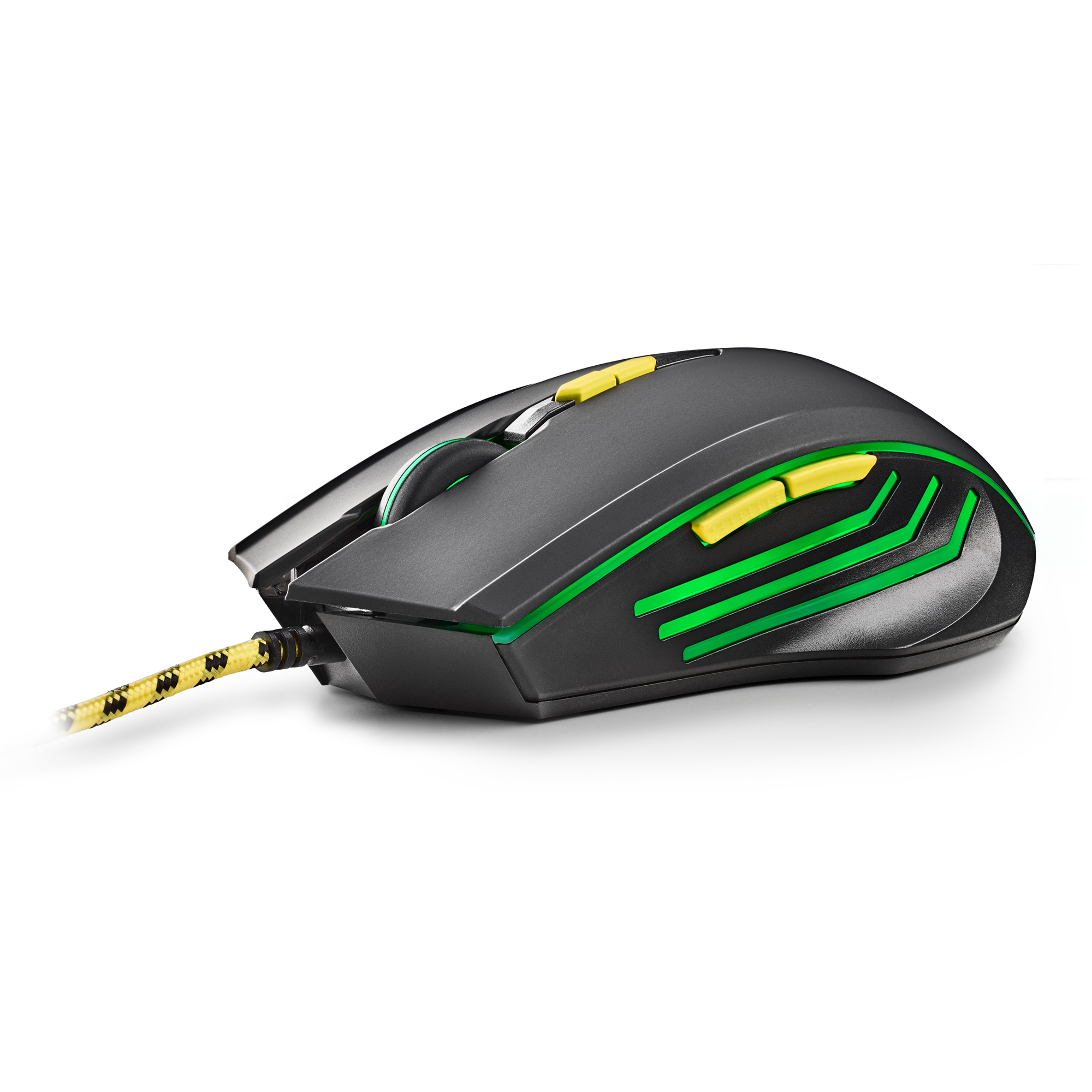 Ratón gaming negro con botones amarillos y detalles verdes, conectado por un cable amarillo y negro.