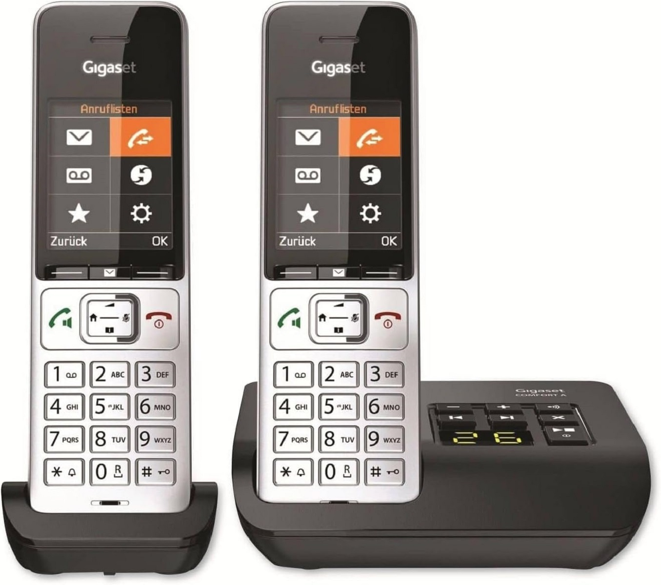 Due telefoni cordless bianchi con una base di ricarica nera.