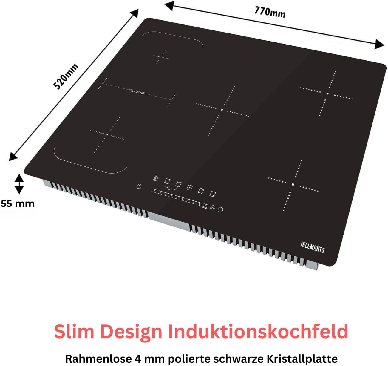 Schwarzes Induktionskochfeld mit Abmessungen. Es hat vier Kochzonen und ein Touchpanel.